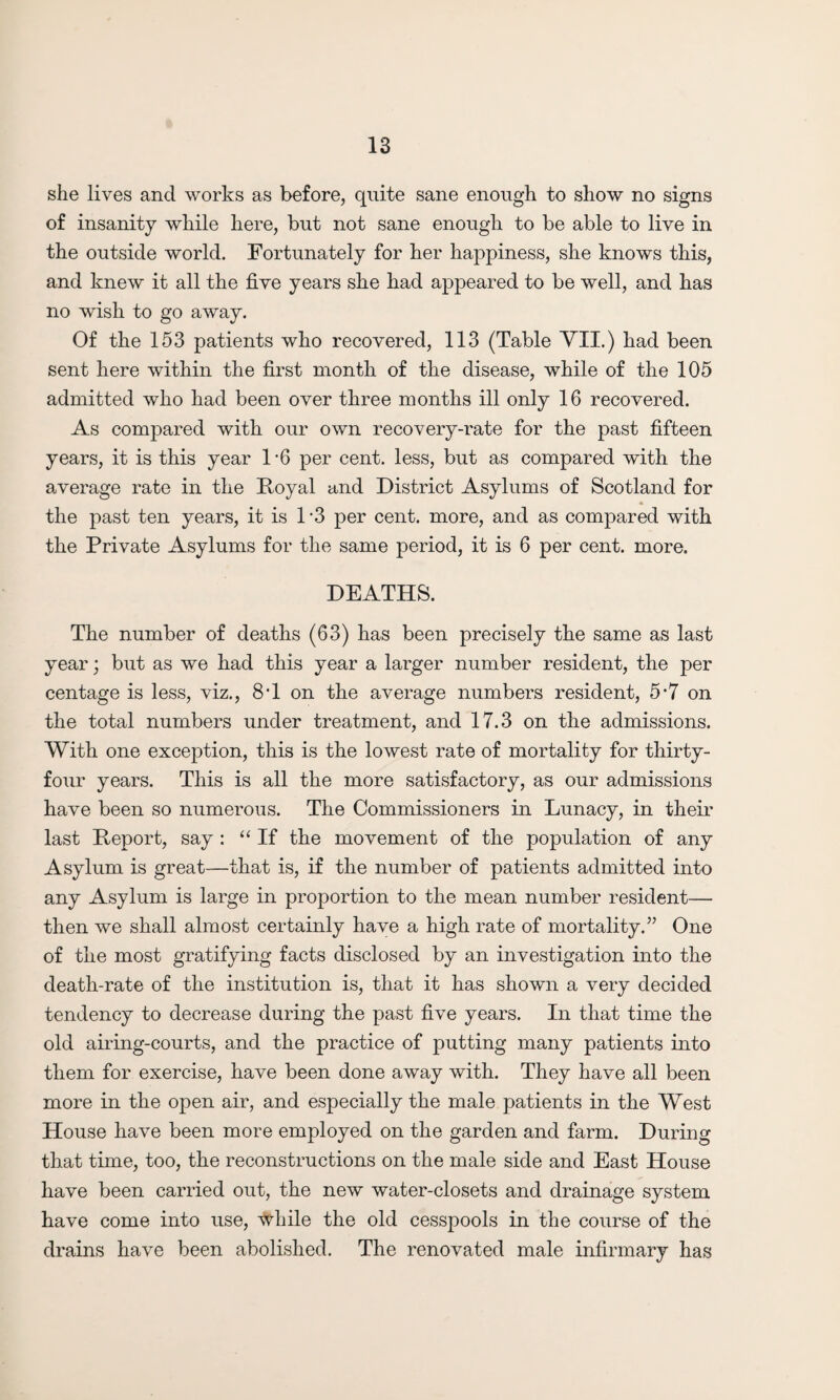 she lives and works as before, quite sane enough to show no signs of insanity while here, but not sane enough to be able to live in the outside world. Fortunately for her happiness, she knows this, and knew it all the five years she had appeared to be well, and has no wish to go away. Of the 153 patients who recovered, 113 (Table VII.) had been sent here within the first month of the disease, while of the 105 admitted who had been over three months ill only 16 recovered. As compared with our own recovery-rate for the past fifteen years, it is this year 1 -6 per cent, less, but as compared with the average rate in the Royal and District Asylums of Scotland for the past ten years, it is 1 ’3 per cent, more, and as compared with the Private Asylums for the same period, it is 6 per cent. more. DEATHS. The number of deaths (63) has been precisely the same as last year; but as we had this year a larger number resident, the per centage is less, viz., 8T on the average numbers resident, 5*7 on the total numbers under treatment, and 17.3 on the admissions. With one exception, this is the lowest rate of mortality for thirty- four years. This is all the more satisfactory, as our admissions have been so numerous. The Commissioners in Lunacy, in their last Report, say : “If the movement of the population of any Asylum is great—that is, if the number of patients admitted into any Asylum is large in proportion to the mean number resident— then we shall almost certainly have a high rate of mortality.” One of the most gratifying facts disclosed by an investigation into the death-rate of the institution is, that it has shown a very decided tendency to decrease during the past five years. In that time the old airing-courts, and the practice of putting many patients into them for exercise, have been done away with. They have all been more in the open air, and especially the male patients in the West House have been more employed on the garden and farm. During that time, too, the reconstructions on the male side and East House have been carried out, the new water-closets and drainage system have come into use, tvhile the old cesspools in the course of the drains have been abolished. The renovated male infirmary has