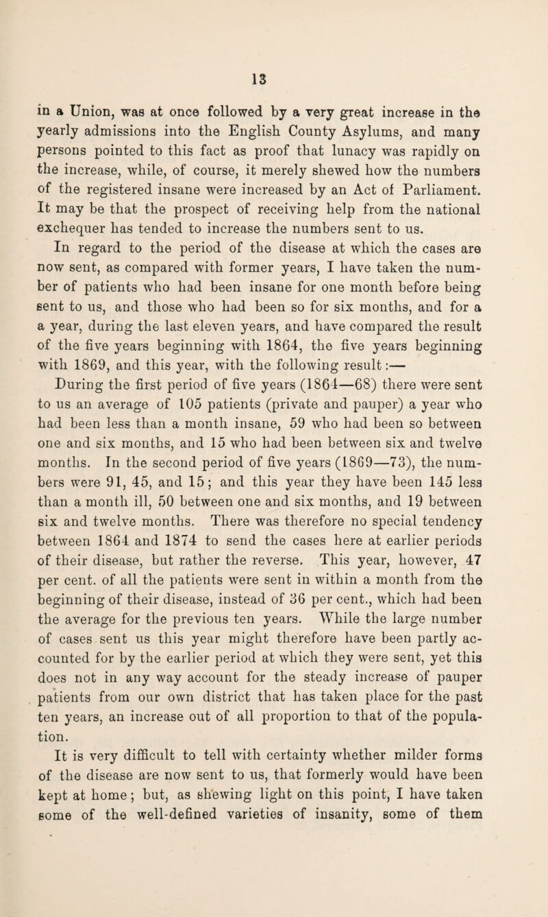 in a Union, was at once followed by a very great increase in the yearly admissions into the English County Asylums, and many persons pointed to this fact as proof that lunacy was rapidly on the increase, while, of course, it merely shewed how the numbers of the registered insane were increased by an Act of Parliament. It may be that the prospect of receiving help from the national exchequer has tended to increase the numbers sent to us. In regard to the period of the disease at which the cases are now sent, as compared with former years, I have taken the num¬ ber of patients who had been insane for one month before being sent to us, and those who had been so for six months, and for a a year, during the last eleven years, and have compared the result of the five years beginning with 1864, the five years beginning with 1869, and this year, with the following result:— During the first period of five years (1864—68) there were sent to us an average of 105 patients (private and pauper) a year who had been less than a month insane, 59 who had been so between one and six months, and 15 who had been between six and twelve months. In the second period of five years (1869—73), the num¬ bers were 91, 45, and 15; and this year they have been 145 less than a month ill, 50 between one and six months, and 19 between six and twelve months. There was therefore no special tendency between 1864 and 1874 to send the cases here at earlier periods of their disease, but rather the reverse. This year, however, 47 per cent, of all the patients were sent in within a month from tho beginning of their disease, instead of 36 per cent., which had been the average for the previous ten years. While the large number of cases sent us this year might therefore have been partly ac¬ counted for by the earlier period at which they were sent, yet this does not in any way account for the steady increase of pauper patients from our own district that has taken place for the past ten years, an increase out of all proportion to that of the popula¬ tion. It is very difficult to tell with certainty whether milder forms of the disease are now sent to us, that formerly would have been kept at home; but, as shewing light on this point, I have taken some of the well-defined varieties of insanity, some of them