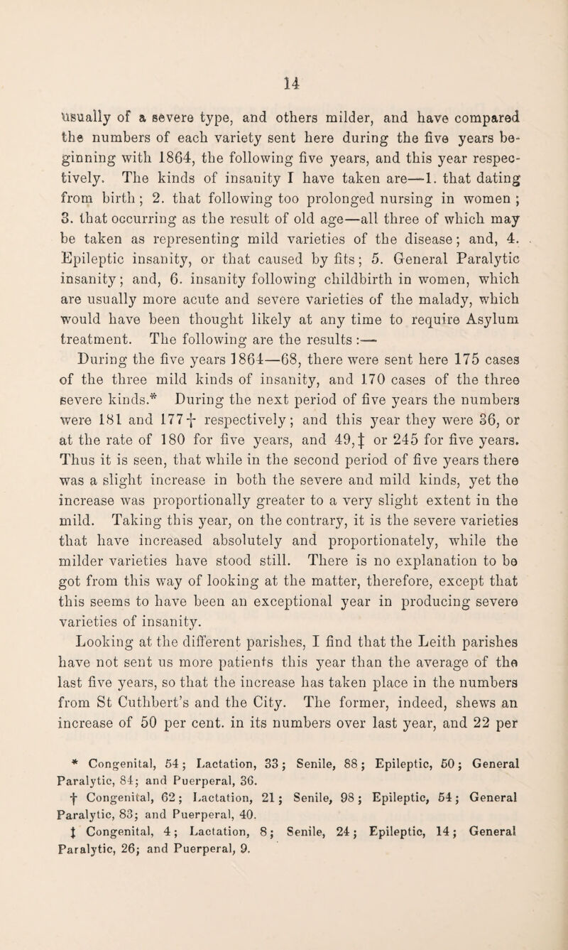 usually of a severe type, and others milder, and have compared the numbers of each variety sent here during the five years be¬ ginning with 1864, the following five years, and this year respec¬ tively. The kinds of insanity I have taken are—1. that dating from birth; 2. that following too prolonged nursing in women ; 3. that occurring as the result of old age—all three of which may be taken as representing mild varieties of the disease; and, 4. Epileptic insanity, or that caused by fits; 5. General Paralytic insanity; and, 6. insanity following childbirth in women, which are usually more acute and severe varieties of the malady, which would have been thought likely at any time to require Asylum treatment. The following are the results During the five years 1864—68, there were sent here 175 cases of the three mild kinds of insanity, and 170 cases of the three severe kinds.* During the next period of five years the numbers were 181 and 177-J- respectively; and this year they were 36, or at the rate of 180 for five years, and 49, | or 245 for five years. Thus it is seen, that while in the second period of five years there was a slight increase in both the severe and mild kinds, yet the increase was proportionally greater to a very slight extent in the mild. Taking this year, on the contrary, it is the severe varieties that have increased absolutely and proportionately, while the milder varieties have stood still. There is no explanation to be got from this way of looking at the matter, therefore, except that this seems to have been an exceptional year in producing severe varieties of insanity. Looking at the different parishes, I find that the Leith parishes have not sent us more patients this year than the average of the last five years, so that the increase lias taken place in the numbers from St Cuthbert’s and the City. The former, indeed, shews an increase of 50 per cent, in its numbers over last year, and 22 per * Congenital, 54; Lactation, 33; Senile, 88; Epileptic, 50; General Paralytic, 84; and Puerperal, 36. •j- Congenital, 62; Lactation, 21; Senile, 98; Epileptic, 54; General Paralytic, 83; and Puerperal, 40. J Congenital, 4; Lactation, 8; Senile, 24; Epileptic, 14; General Paralytic, 26; and Puerperal, 9.