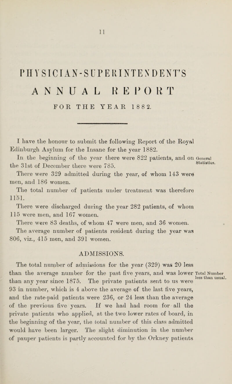 PIIYSICIAN-S UP ERINTEN DENT’S ANNUAL REPO R T FOR THE YEAR 188 2. I have the honour to submit the following Report of the Royal Edinburgh Asylum for the Insane for the year 1882. In the beginning of the year there were 822 patients, and on General the 31st of December there were 785. statistics. There were 329 admitted during the year, of whom 143 were men, and 186 women. The total number of patients under treatment was therefore 1151. There were discharged during the year 282 patients, of whom 115 were men, and 167 women. There were 83 deaths, of whom 47 were men, and 36 women. The average number of patients resident during the year was 806, viz., 415 men, and 391 women. ADMISSIONS. The total number of admissions for the year (329) was 20 less than the average number for the past five years, and was lower Total Number ,. . -.r.rrr- mi . ,. . , less than usual, than any year since 1875. Ihe private patients sent to us were 93 in number, which is 4 above the average of the last five years, and the rate-paid patients were 236, or 24 less than the average of the previous five years. If we had had room for all the private patients who applied, at the two lower rates of board, in the beginning of the year, the total number of this class admitted would have been larger. The slight diminution in the number of pauper patients is partly accounted for by the Orkney patients