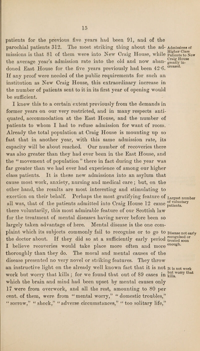 patients for the previous five years had been 91, and of the parochial patients 312. The most striking thing about the ad¬ missions is that 81 of them were into New Craig House, while the average year’s admission rate into the old and now aban¬ doned East House for the five years previously had been 42-6. If any proof were needed of the public requirements for such an institution as New Craig House, this extraordinary increase in the number of patients sent to it in its first year of opening would be sufficient. I knew this to a certain extent previously from the demands in former years on our very restricted, and in many respects anti¬ quated, accommodation at the East House, and the number of patients to whom I had to refuse admission for want of room. Already the total population at Craig House is mounting up so fast that in another year, with this same admission rate, its capacity will be about reached. Our number of recoveries there was also greater than they had ever been in the East House, and the “ movement of population ” there in fact during the year was far greater than we had ever had experience of among our higher class patients. It is these new admissions into an asylum that cause most work, anxiety, nursing and medical care; but, on the other hand, the results are most interesting and stimulating to exertion on their behalf. Perhaps the most gratifying feature of all was, that of the patients admitted into Craig House 12 came there voluntarily, this most admirable feature of our Scottish law for the treatment of mental diseases having never before been so largely taken advantage of here. Mental disease is the one com¬ plaint which its subjects commonly fail to recognise or to go to the doctor about. If they did so at a sufficiently early period I believe recoveries would take place more often and more thoroughly than they do. The moral and mental causes of the disease presented no very novel or striking features. They throw an instructive light on the already well known fact that it is not work but worry that kills ; for we found that out of 89 cases in which the brain and mind had been upset by mental causes only 17 were from overwork, and all the rest, amounting to 80 per cent, of them, were from “ mental worry,” “ domestic troubles,” “sorrow,” “shock,” “adverse circumstances,” “too solitary life,” Admissions of Higher Class Patients to New Craig House greatly in¬ creased. Largest number of voluntary patients. Disease not early recognised or treated soon enough. It is not work but worry that kills.