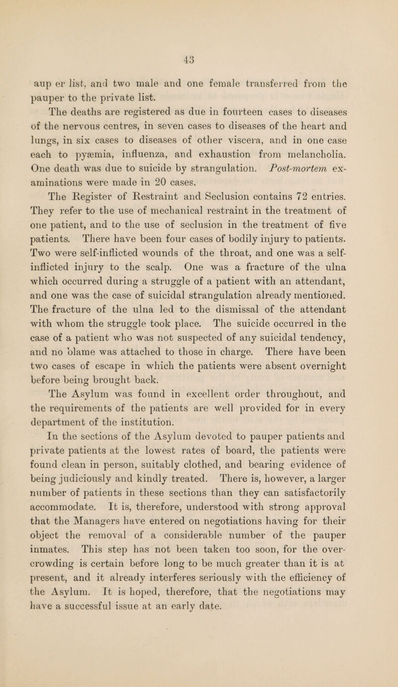 aiip er list, and two male and one female transferred from the pauper to the private list. The deaths are registered as due in fourteen cases to diseases of the nervous centres, in seven cases to diseases of the heart and lungs, in six cases to diseases of other viscera, and in one case each to pysemia, influenza, and exhaustion from melancholia. One death was due to suicide by strangulation. Post-mortem ex¬ aminations were made in 20 cases. The Kegister of Restraint and Seclusion contains 72 entries. They refer to the use of mechanical restraint in the treatment of one patient, and bo the use of seclusion in the treatment of five patients. There have been four cases of bodily injury to patients. Two were self-inflicted wounds of the throat, and one was a self- inflicted injury to the scalp. One was a fracture of the ulna which occurred during a struggle of a patient with an attendant, and one was the case of suicidal strangulation already mentiojied. The fracture of the ulna led to the dismissal of the attendant with whom the struggle took place. The suicide occurred in the case of a patient who was not suspected of any suicidal tendency, and no blame was attached to those in charge. There have been two cases of escape in which the patients were absent overnight before beincf brou£rht back. O O The Asylum was found in excellent order throughout, and the requirements of the patients are well provided for in every department of the institution. In the sections of the Asylum devoted to pauper patients and private patients at the lowest rates of board, the patients were found clean in person, suitably clothed, and bearing evidence of being judiciously and kindly treated. There is, however, a larger number of patients in these sections than they can satisfactorily accommodate. It is, therefore, understood with strong approval that the Managers have entered on negotiations having for their object the removal of a considerable number of the pauper inmates. This step has not been taken too soon, for the over¬ crowding is certain before long to be much greater than it is at present, and it already interferes seriously with the efficiency of the Asylum. It is hoped, therefore, that the negotiations may have a successful issue at an early date.