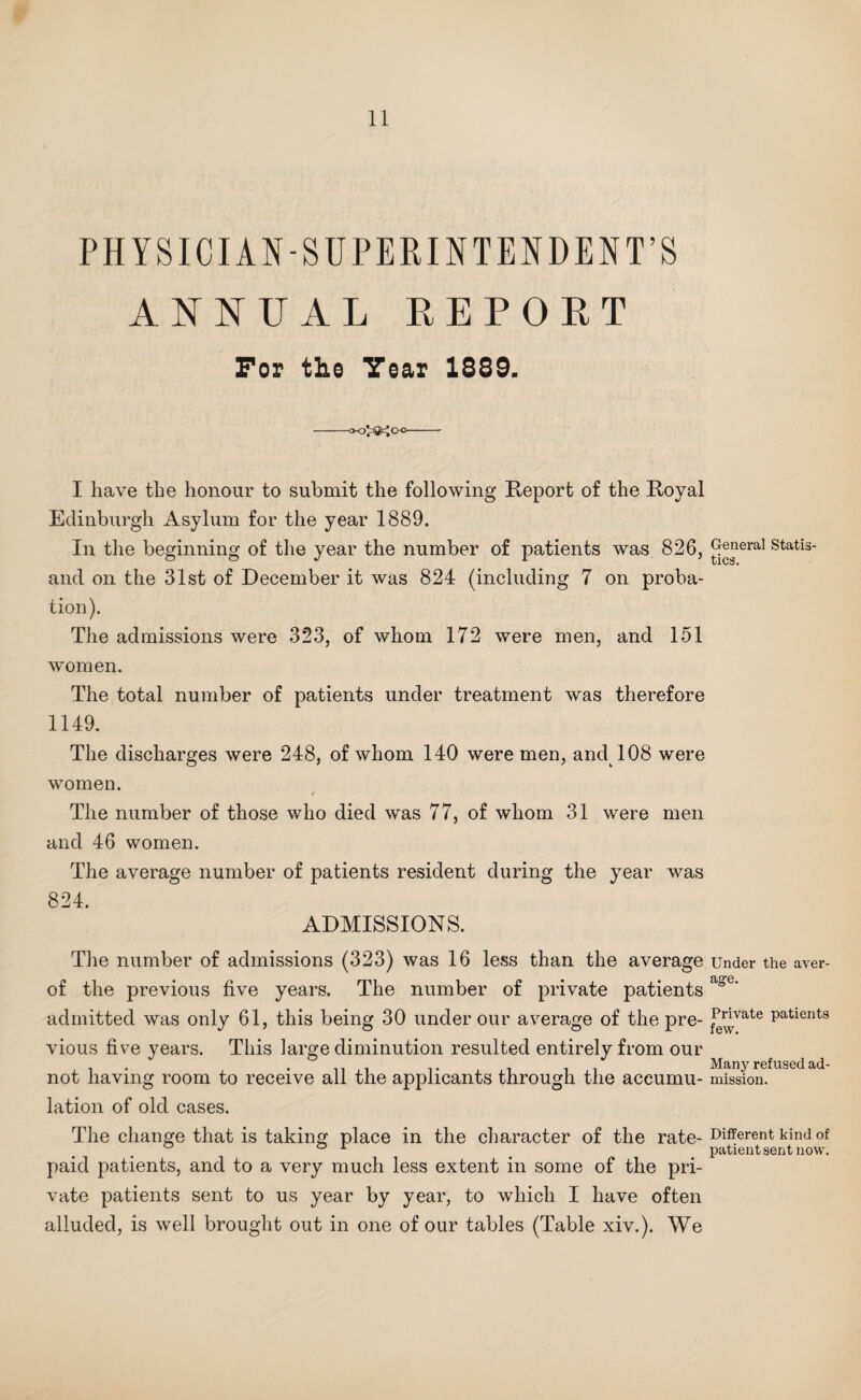 PHYSICIAN-SUPERINTENDENT’S ANNUAL REPOET For the Year 1889. •o-o^SeJOo I have the honour to submit the following Report of the Royal Edinburgh Asylum for the year 1889. In the beginning of the year the number of patients was 826, and on the 31st of December it was 824 (including 7 on proba¬ tion). The admissions were 323, of whom 172 were men, and 151 women. The total number of patients under treatment was therefore 1149. The discharges were 248, of whom 140 were men, and 108 were women. s The number of those who died was 77, of whom 31 were men and 46 women. The average number of patients resident during the year was 824. ADMISSIONS. The number of admissions (323) was 16 less than the average of the previous five years. The number of private patients admitted was only 61, this being 30 under our average of the pre¬ vious five years. This large diminution resulted entirely from our not having room to receive all the applicants through the accumu¬ lation of old cases. The change that is taking place in the character of the rate- paid patients, and to a very much less extent in some of the pri¬ vate patients sent to us year by year, to which I have often alluded, is well brought out in one of our tables (Table xiv.). We General Statis¬ tics. Under the aver¬ age. Private patients few. Many refused ad¬ mission. Different kind of patient sent now.