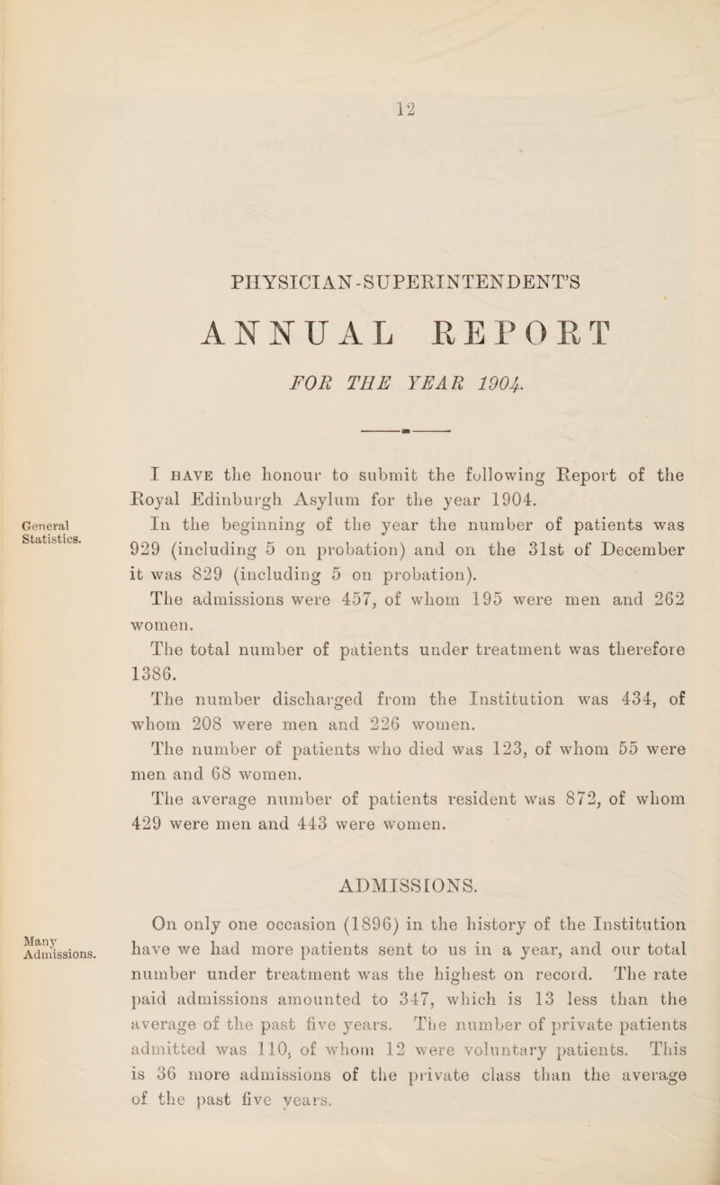 PHYSICIAN-SUPERINTENDENT’S General Statistics. Many Admissions. ANNUAL REPORT FOR THE YEAR 190Jf. I have the honour to submit the following Report of the Royal Edinburgh Asylum for the year 1904. In the beginning of the year the number of patients was 929 (including 5 on probation) and on the 31st of December it was 829 (including 5 on probation). The admissions were 457, of whom 195 were men and 262 women. The total number of patients under treatment was therefore 1386. The number discharged from the Institution was 434, of whom 208 were men and 226 women. The number of patients who died was 123, of whom 55 were men and 68 women. The average number of patients resident was 872, of whom 429 were men and 443 were women. ADMISSIONS. On only one occasion (1896) in the history of the Institution have we had more patients sent to us in a year, and our total number under treatment was the highest on record. The rate paid admissions amounted to 347, which is 13 less than the average of the past five years. The number of private patients admitted was 110, of whom 12 were voluntary patients. This is 36 more admissions of the private class than the average of the past five years.