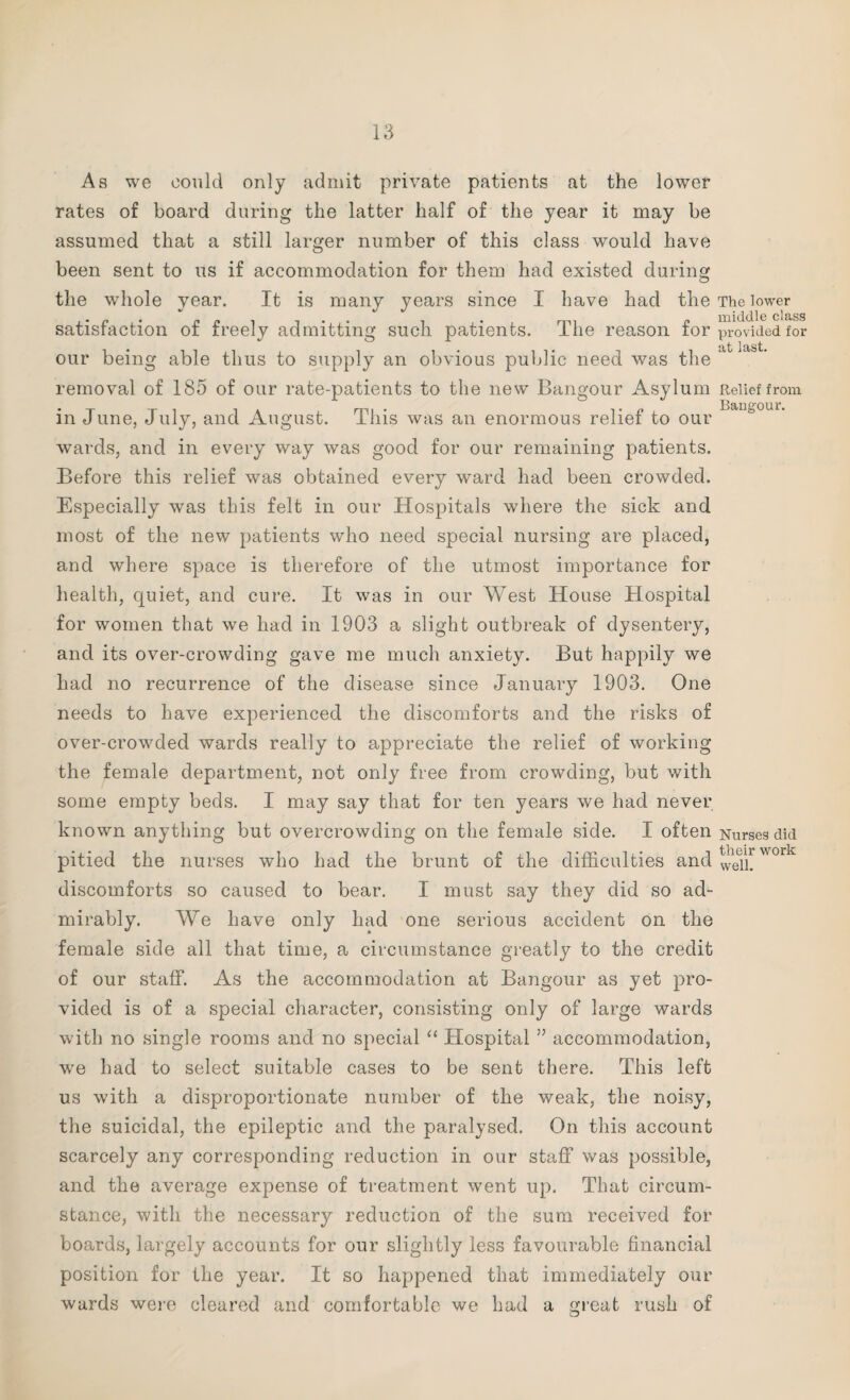 As we could only admit private patients at the lower rates of board during the latter half of the year it may be assumed that a still larger number of this class would have been sent to us if accommodation for them had existed during the whole year. It is many years since I have had the satisfaction of freely admitting such patients. The reason for our being able thus to supply an obvious public need was the removal of 185 of our rate-patients to the new Bangour Asylum in June, July, and August. This was an enormous relief to our wards, and in every way was good for our remaining patients. Before this relief was obtained every ward had been crowded. Especially was this felt in our Hospitals where the sick and most of the new patients who need special nursing are placed, and where space is therefore of the utmost importance for health, quiet, and cure. It was in our West House Hospital for women that we had in 1903 a slight outbreak of dysentery, and its over-crowding gave me much anxiety. But happily we had no recurrence of the disease since January 1903. One needs to have experienced the discomforts and the risks of over-crowded wards really to appreciate the relief of working the female department, not only free from crowding, but with some empty beds. I may say that for ten years we had never known anything but overcrowding on the female side. I often pitied the nurses who had the brunt of the difficulties and discomforts so caused to bear. I must say they did so ad¬ mirably. We have only had one serious accident on the female side all that time, a circumstance greatly to the credit of our staff. As the accommodation at Bangour as yet pro¬ vided is of a special character, consisting only of large wards with no single rooms and no special “ Hospital ” accommodation, we had to select suitable cases to be sent there. This left us with a disproportionate number of the weak, the noisy, the suicidal, the epileptic and the paralysed. On this account scarcely any corresponding reduction in our staff was possible, and the average expense of treatment went up. That circum¬ stance, with the necessary reduction of the sum received for boards, largely accounts for our slightly less favourable financial position for the year. It so happened that immediately our wards were cleared and comfortable we had a great rush of The lower middle class provided for at last. Relief from Bangour. Nurses did their work well.