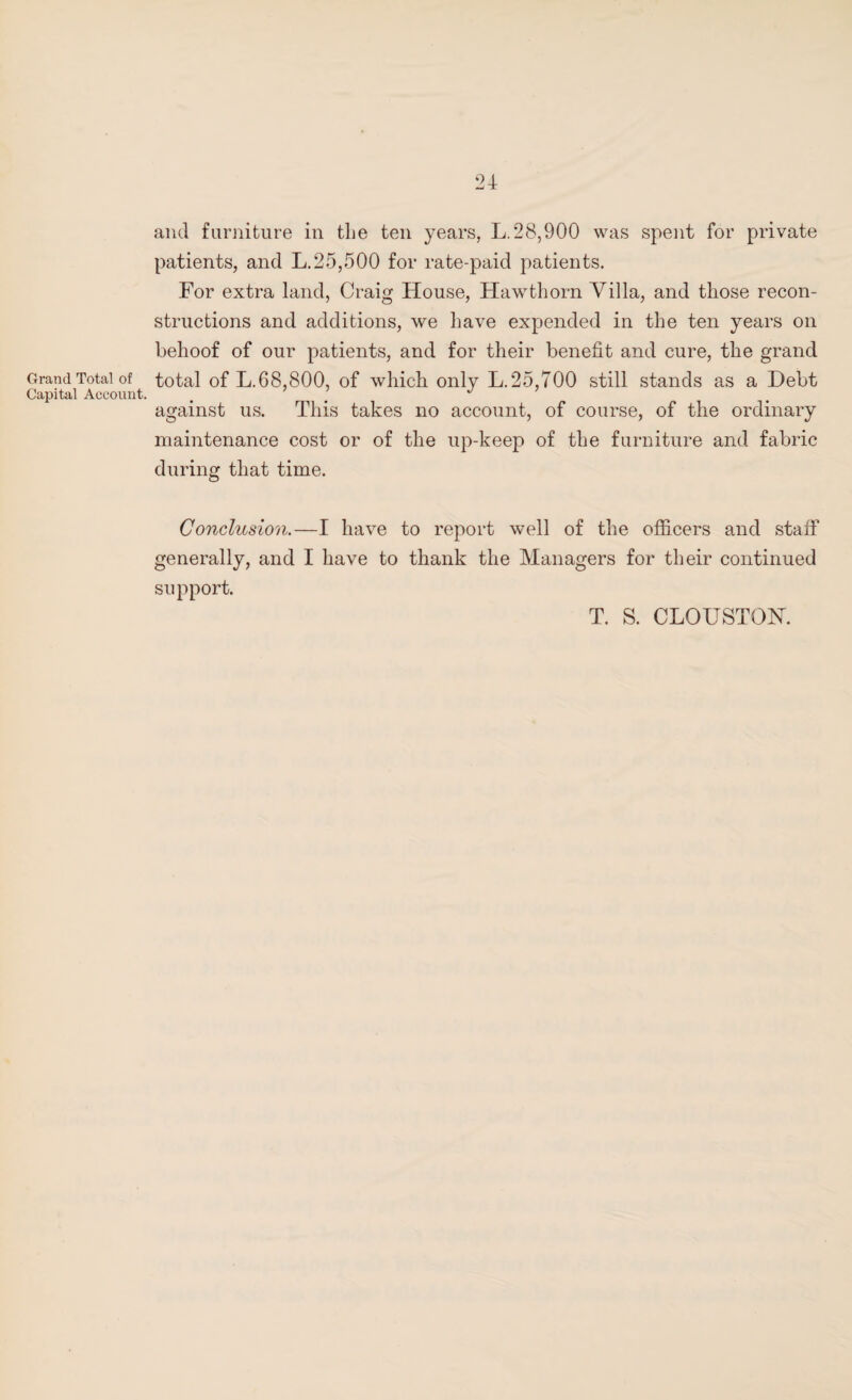 Grand Total of Capital Account. and furniture in the ten years, L.28,900 was spent for private patients, and L.25,500 for rate-paid patients. For extra land, Craig House, Hawthorn Villa, and those recon¬ structions and additions, we have expended in the ten years on behoof of our patients, and for their benefit and cure, the grand total of L.68,800, of which only L.25,700 still stands as a Debt against us. This takes no account, of course, of the ordinary maintenance cost or of the up-keep of the furniture and fabric during that time. Conclusion.—I have to report well of the officers and staff generally, and I have to thank the Managers for their continued support. T. S. CLOUSTON.
