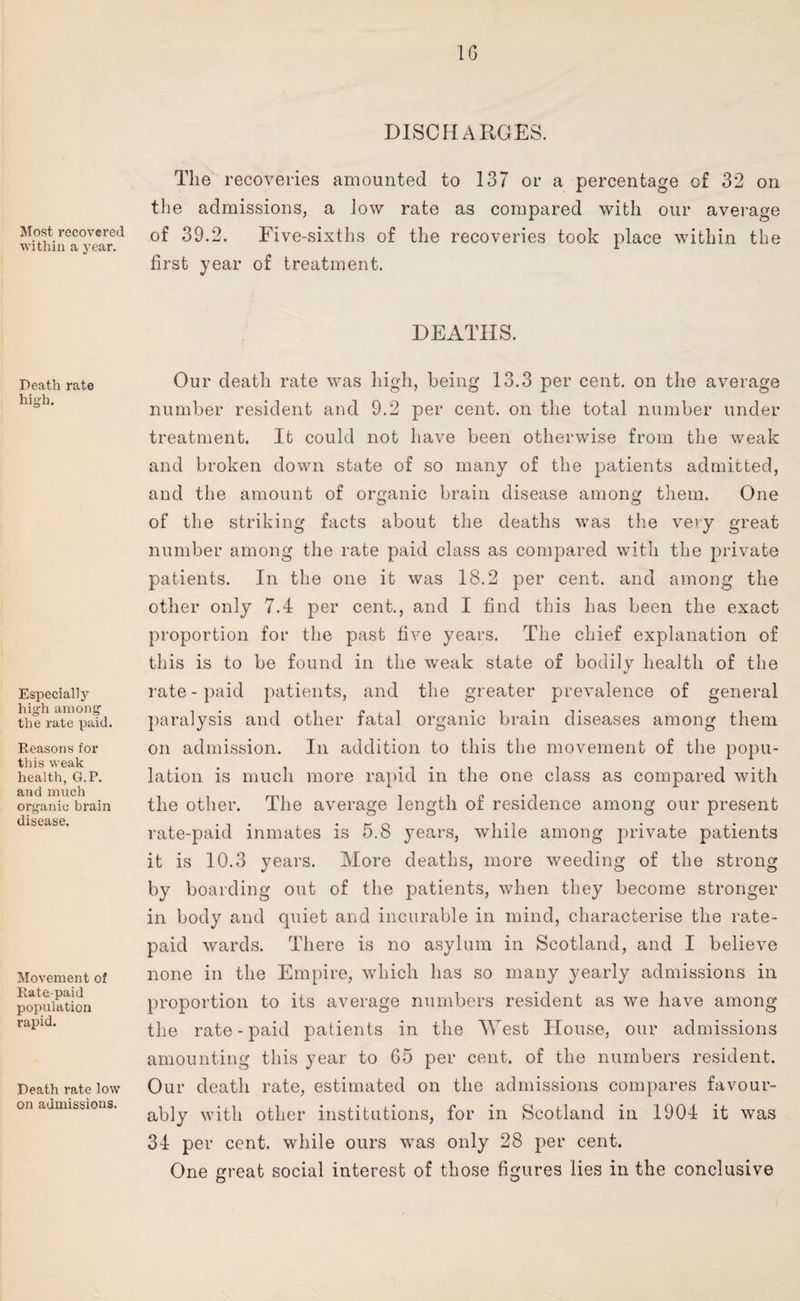 1G Most recovered within a year. Death rate high. Especially high among the rate paid. Reasons for this weak health, G.P. and much organic brain disease. Movement of Rate-paid population rapid. Death rate low on admissions. DISCHARGES. The recoveries amounted to 137 or a percentage of 32 on the admissions, a low rate as compared with our average of 39.2. Five-sixths of the recoveries took place within the first year of treatment. DEATHS. Our death rate was high, being 13.3 per cent, on the average number resident and 9.2 per cent, on the total number under treatment. It could not have been otherwise from the weak and broken down state of so many of the patients admitted, and the amount of organic brain disease among them. One of the striking facts about the deaths was the very great number among the rate paid class as compared with the private patients. In the one it was 18.2 per cent, and among the other only 7.4 per cent., and I find this has been the exact proportion for the past five years. The chief explanation of this is to be found in the weak state of bodily health of the rate-paid patients, and the greater prevalence of general paralysis and other fatal organic brain diseases among them on admission. In addition to this the movement of the popu¬ lation is much more rapid in the one class as compared with the other. The average length of residence among our present rate-paid inmates is 5.8 years, while among private patients it is 10.3 years. More deaths, more weeding of the strong by boarding out of the patients, when they become stronger in body and quiet and incurable in mind, characterise the rate- paid wards. There is no asylum in Scotland, and I believe none in the Empire, which has so many yearly admissions in proportion to its average numbers resident as we have among the rate-paid patients in the West House, our admissions amounting this year to 65 per cent, of the numbers resident. Our death rate, estimated on the admissions compares favour¬ ably with other institutions, for in Scotland in 1904 it was 34 per cent, while ours was only 28 per cent. One great social interest of those figures lies in the conclusive