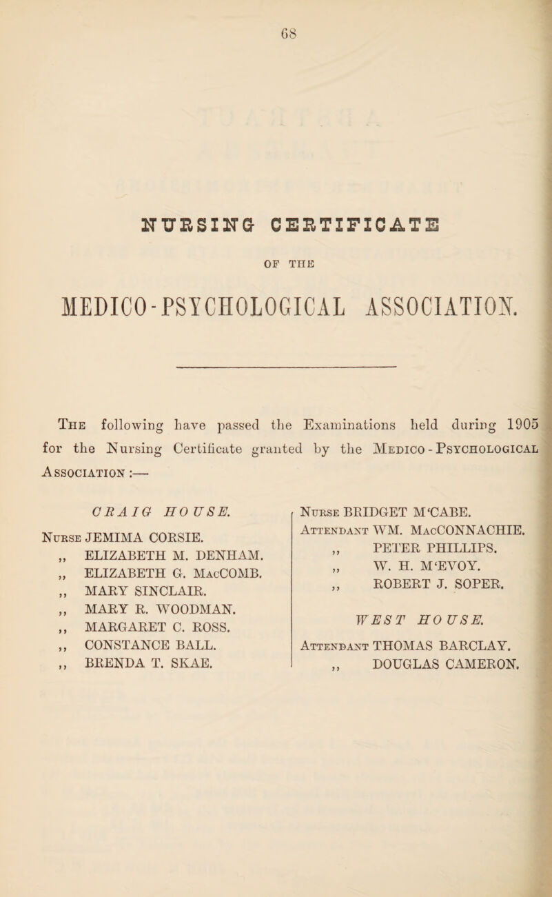 G8 NURSING CERTIFICATE OF THE MEDICO-PSYCHOLOGICAL ASSOCIATION. The following have passed the Examinations held during 190o for the Nursing Certificate granted by the Medico - Psychological Association :— CRAIG HOUSE. Nurse JEMIMA CORSIE. „ ELIZABETH M. DENHAM. „ ELIZABETH G. MacCOMB. „ MARY SINCLAIR. ,, MARY R. WOODMAN. „ MARGARET C. ROSS. ,, CONSTANCE BALL. ,, BRENDA T. SKAE. Nurse BRIDGET M‘CABE. Attendant WM. MacCONNACHIE. „ PETER PHILLIPS. „ W. H. M‘EVOY. ,, ROBERT J. SOPER. WEST HOUSE. Attendant THOMAS BARCLAY. ,, DOUGLAS CAMERON.