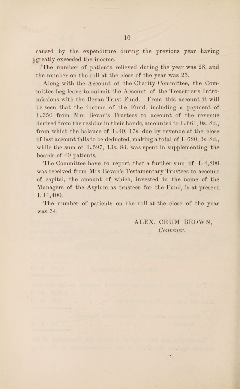 caused by the expenditure during the previous year having igreatly exceeded the income. The number of patients relieved during the year was 28, and the number on the roll at the close of the year was 23. Along with the Account of the Charity Committee, the Com¬ mittee beg leave to submit the Account of the Treasurer’s Intro¬ missions with the Bevan Trust Fund. From this account it will be seen that the income of the Fund, including a payment of L.350 from Mrs Bevan’s Trustees to account of the revenue derived from the residue in their hands, amounted to L.661, Os. 8d., from which the balance of L.40, 17s. due by revenue at the close of last account falls to be deducted, making a total of L.620, 3s. 8d., while the sum of L.597, 13s. 8d. was spent in supplementing the boards of 40 patients. The Committee have to report that a further sum of L. 4,800 was received from Mrs Bevan’s Testamentary Trustees to account of capital, the amount of which, invested in the name of the Managers of the Asylum as trustees for the Fund, is at present L.11,400. The number of patients on the roll at the close of the year was 34. ALEX. CRUM BROWN, Convener.