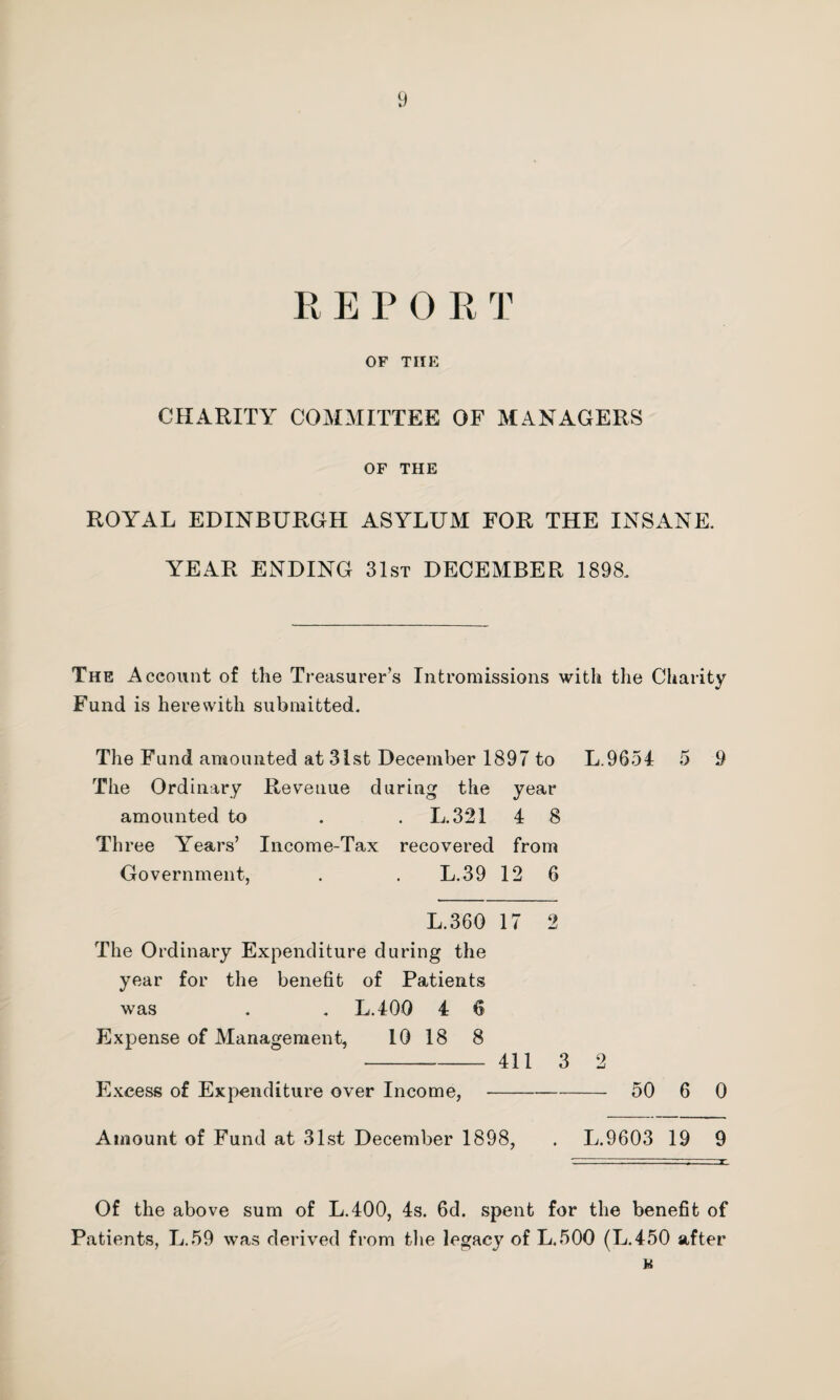 R E P 0 R T OF THE CHARITY COMMITTEE OF MANAGERS OF THE ROYAL EDINBURGH ASYLUM FOR THE INSANE. YEAR ENDING 31st DECEMBER 1898, The Account of the Treasurer’s Intromissions with the Charity Fund is herewith submitted. The Fund amounted at 31st December 1897 to L.9654 5 9 The Ordinary Revenue during the year amounted to . L.321 4 8 Three Years’ Income-Tax recovered from Government, . . L.39 12 6 L.360 17 2 The Ordinary Expenditure during the year for the benefit of Patients was . . L.400 4 6 Expense of Management, 10 18 8 - 411 3 2 Excess of Expenditure over Income,- 50 6 0 Amount of Fund at 31st December 1898, . L.9603 19 9 Of the above sum of L.400, 4s. 6d. spent for the benefit of Patients, L.59 was derived from the legacy of L.500 (L.450 after u