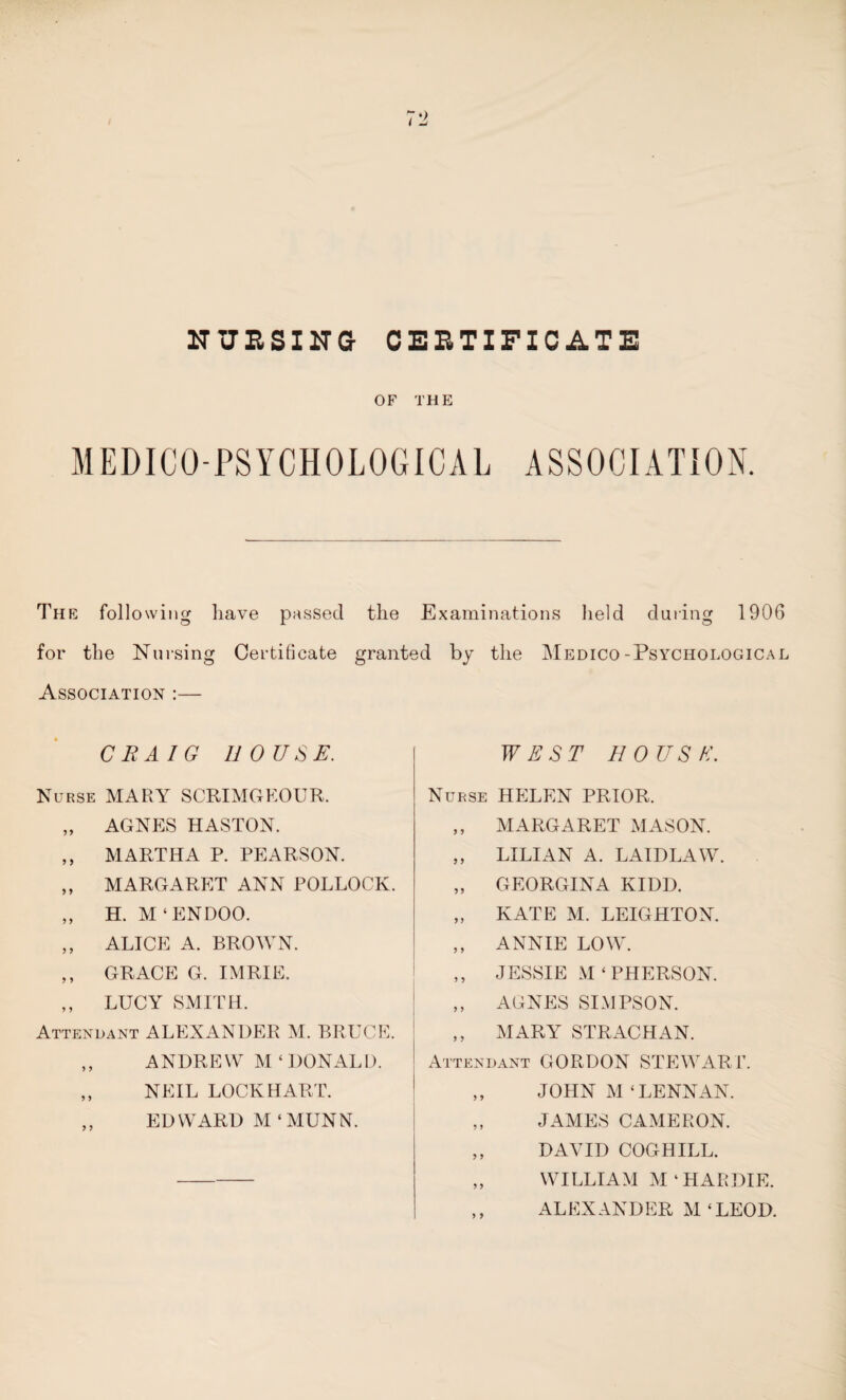 NURSING CERTIFICATE OF THE MEDICO-PSYCHOLOGICAL ASSOCIATION. The following have passed the Examinations held during 1906 for the Nursing Certificate granted by the Medico-Psychological Association :— CRAIG HOUSE. Nurse MARY SCRIMGKOUR. „ AGNES HASTON. ,, MARTHA P. PEARSON. „ MARGARET ANN POLLOCK. „ H. M ‘ ENDOO. „ ALICE A. BROWN. ,, GRACE G. IMRIE. ,, LUCY SMITH. Attendant ALEXANDER M. BRUCE. ,, ANDRE W M £ DONALD. ,, NEIL LOCKHART. EDWARD M ‘MUNN. WEST HOUSE. Nurse HELEN PRIOR. ,, MARGARET MASON. ,, LILIAN A. LAIDLAW. „ GEORGINA KIDD. „ KATE M. LEIGHTON. ,, ANNIE LOW. ,, JESSIE M ‘ PHERSON. „ AGNES SIMPSON. ,, MARY STRACHAN. Attendant GORDON STEWART. ,, JOHN M ‘LENNAN. ,, JAMES CAMERON. „ DAVID COGHILL. „ WILLIAM M ‘HARDIE. ,, ALEXANDER M ‘LEOD.
