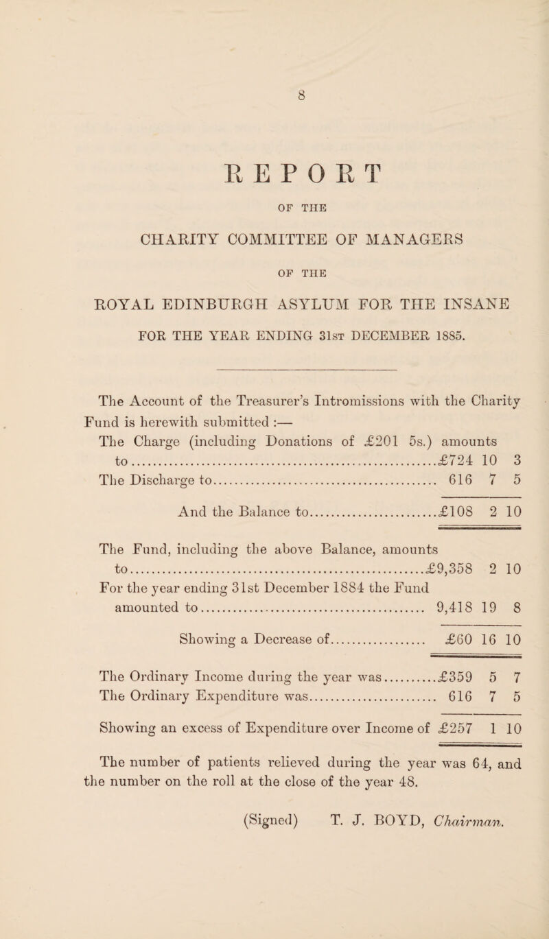 REPORT OF THE CHARITY COMMITTEE OF MANAGERS OF THE ROYAL EDINBURGH ASYLUM FOR THE INSANE FOR THE YEAR ENDING 31st DECEMBER 1885. The Account of the Treasurer’s Intromissions with the Charity Fund is herewith submitted :— The Charge (including Donations of <£201 5s.) amounts to. <£724 10 3 The Discharge to. 616 7 5 And the Balance to.£108 2 10 The Fund, including the above Balance, amounts to.£9,358 2 10 For the year ending 31st December 1884 the Fund amounted to. 9,418 19 8 Showing a Decrease of. £60 16 10 The Ordinary Income during the year was.£359 5 7 The Ordinary Expenditure was. 616 7 5 Showing an excess of Expenditure over Income of £257 1 10 The number of patients relieved during the year was 64, and the number on the roll at the close of the year 48. (Signed) T. J. BOYD, Chairman.