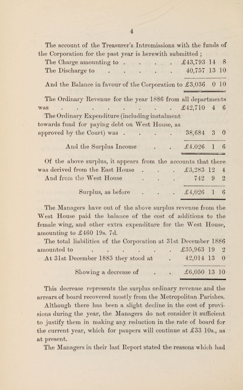 The account of the Treasurer’s Intromissions with the funds of the Corporation for the past year is herewith submitted ; The Charge amounting to . . . . £43,793 14 8 The Discharge to .... 40,757 13 10 And the Balance in favour of the Corporation to £3,036 0 10 The Ordinary Be venue for the year 1886 from all departments was.£42,710 4 6 The Ordinary Expenditure (including instalment towards fund for paying debt on West House, as approved by the Court) was . . . . 38,684 3 0 And the Surplus Income . . £4.026 1 6 Of the above surplus, it appears from the accounts that there was derived from the East House . . . £3,28312 4 And from the West House . . . 742 9 2 Surplus, as before . . . £4,026 1 6 The Managers have out of the above surplus revenue from the West House paid the balance of the cost of additions to the female wing, and other extra expenditure for the West House, amounting to £460 19s. 7d. The total liabilities of the Corporation at 31st December 1886 amounted to ...... £35,963 19 2 At 31st December 1885 they stood at . 42,014 13 0 Showing a decrease of . . £6,050 13 10 This decrease represents the surplus ordinary revenue and the arrears of board recovered mostly from the Metropolitan Parishes. Although there has been a slight decline in the cost of provi¬ sions during the year, the Managers do not consider it sufficient to justify them in making any reduction in the rate of board for the current year, which for paupers will continue at £33 10s., as at present. The Managers in their last Report stated the reasons which had
