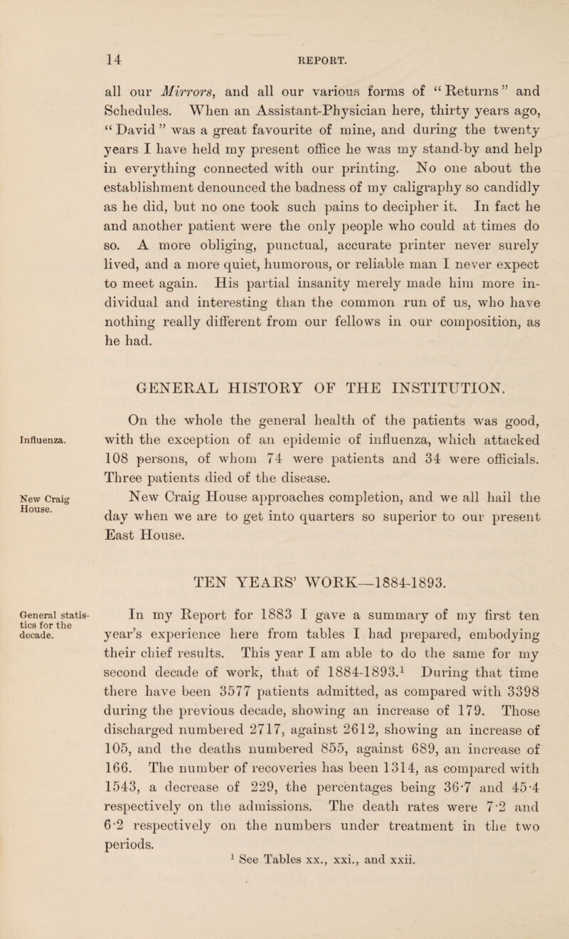 Influenza. New Craig House. General statis¬ tics for the decade. all our Mirrors, and all our various forms of “ Returns ” and Schedules. When an Assistant-Physician here, thirty years ago, “ David ” was a great favourite of mine, and during the twenty years I have held my present office he was my stand-by and help in everything connected with our printing. No one about the establishment denounced the badness of my caligraphy so candidly as he did, but no one took such pains to decipher it. In fact he and another patient were the only people who could at times do so. A more obliging, punctual, accurate printer never surely lived, and a more quiet, humorous, or reliable man I never expect to meet again. His partial insanity merely made him more in¬ dividual and interesting than the common run of us, who have nothing really different from our fellows in our composition, as he had. GENERAL HISTORY OF THE INSTITUTION. On the whole the general health of the patients was good, with the exception of an epidemic of influenza, which attacked 108 persons, of whom 74 were patients and 34 were officials. Three patients died of the disease. New Craig House approaches completion, and we all hail the day when we are to get into quarters so superior to our present East House. TEN YEARS’ WORK—1884-1893. In my Report for 1883 I gave a summary of my first ten year’s experience here from tables I had prepared, embodying their chief results. This year I am able to do the same for my second decade of work, that of 1884-1893.1 During that time there have been 3577 patients admitted, as compared with 3398 during the previous decade, showing an increase of 179. Those discharged numbered 2717, against 2612, showing an increase of 105, and the deaths numbered 855, against 689, an increase of 166. The number of recoveries has been 1314, as compared with 1543, a decrease of 229, the percentages being 36*7 and 45*4 respectively on the admissions. The death rates were 7 '2 and 6-2 respectively on the numbers under treatment in the two periods. 1 See Tables xx., xxi., and xxii.