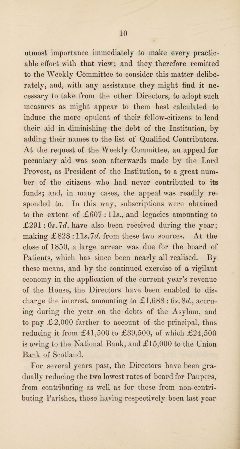 utmost importance immediately to make every practic¬ able effort with that view; and thev therefore remitted to the Weekly Committee to consider this matter delibe¬ rately, and, with any assistance they might find it ne¬ cessary to take from the other Directors, to adopt such measures as might appear to them best calculated to induce the more opulent of their fellow-citizens to lend their aid in diminishing the debt of the Institution, by adding their names to the list of Qualified Contributors. At the request of the Weekly Committee, an appeal for pecuniary aid was soon afterwards made by the Lord Provost, as President of the Institution, to a great num¬ ber of the citizens who had never contributed to its funds; and, in many cases, the appeal was readily re¬ sponded to. In this way, subscriptions were obtained to the extent of £607 :11s., and legacies amounting to £291: 0s.7d. have also been received during the year; making £828 :11s.Id. from these two sources. At the close of 1850, a large arrear was due for the board of Patients, which has since been nearly all realised. By these means, and by the continued exercise of a vigilant economy in the application of the current year’s revenue of the House, the Directors have been enabled to dis¬ charge the interest, amounting to £1,688 : 6s. 8d., accru¬ ing during the year on the debts of the Asylum, and to pay £2,000 farther to account of the principal, thus reducing it from £41,500 to £39,500, of which £24,500 is owing to the National Bank, and £15,000 to the Union Bank of Scotland. For several years past, the Directors have been gra¬ dually reducing the two lowest rates of board for Paupers, from contributing as well as for those from non-contri¬ buting Parishes, these having respectively been last year