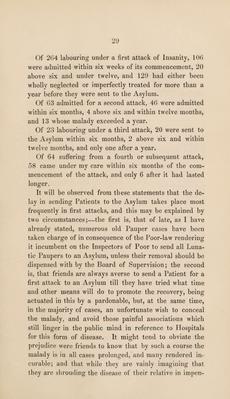 Of 264 labouring under a first attack of Insanity, 106 were admitted within six weeks of its commencement, 20 above six and under twelve, and 129 had either been wholly neglected or imperfectly treated for more than a year before they were sent to the Asylum. Of 63 admitted for a second attack, 46 were admitted within six months, 4 above six and within twelve months, and 13 whose malady exceeded a year. Of 23 labouring under a third attack, 20 were sent to the Asylum within six months, 2 above six and within twelve months, and only one after a year. Of 64 suffering from a fourth or subsequent attack, 58 came under my care within six months of the com¬ mencement of the attack, and only 6 after it had lasted longer. It will be observed from these statements that the de¬ lay in sending Patients to the Asylum takes place most frequently in first attacks, and this may be explained by two circumstances;—the first is, that of late, as I have already stated, numerous old Pauper cases have been taken charge of in consequence of the Poor-law rendering it incumbent on the Inspectors of Poor to send all Luna¬ tic Paupers to an Asylum, unless their removal should be dispensed with by the Board of Supervision; the second is, that friends are always averse to send a Patient for a first attack to an Asylum till they have tried what time and other means will do to promote the recovery, being actuated in this by a pardonable, but, at the same time, in the majority of cases, an unfortunate wish to conceal the malady, and avoid those painful associations which still linger in the public mind in reference to Plospitals for this form of disease. It might tend to obviate the prejudice were friends to know that by such a course the malady is in all cases prolonged, and many rendered in¬ curable; and that while they are vainly imagining that they are shrouding the disease of their relative in impen-