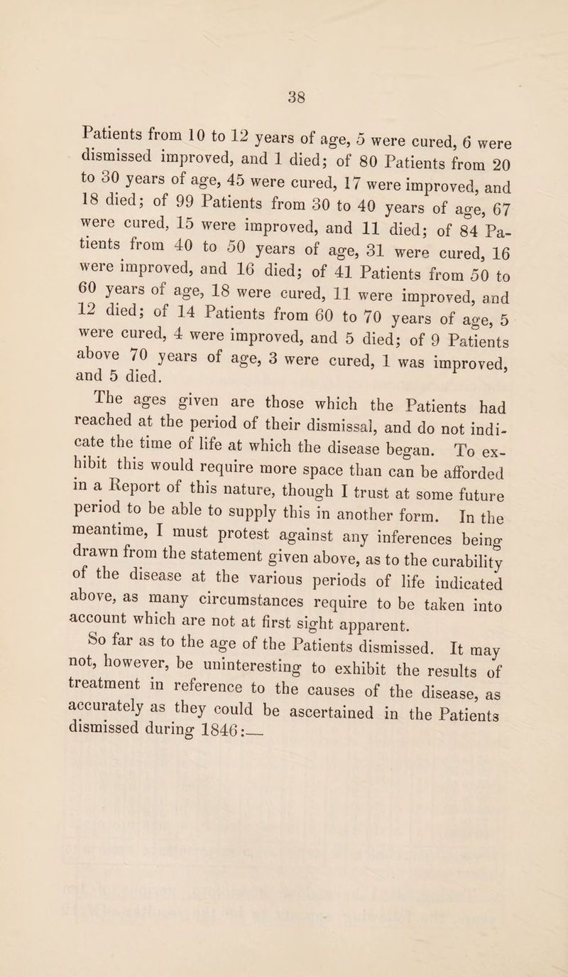 Patients from 10 to 12 years of age, 5 were cured, 6 were dismissed improved, and 1 died; of 80 Patients from 20 to oO years of age, 45 were cured, 17 were improved, and 18 died; of 99 Patients from 30 to 40 years of age, 67 were cured, 15 were improved, and 11 died; of 84 Pa¬ tients from 40 to 50 years of age, 31 were cured, 16 were improved, and 16 died; of 41 Patients from 50 to 60 years of age, 18 were cured, 11 were improved, and 12 died; of 14 Patients from 60 to 70 years of age, 5 were cured, 4 were improved, and 5 died; of 9 Patients above 70 years of age, 3 were cured, 1 was improved, and 5 died. The ages given are those which the Patients had reached at the period of their dismissal, and do not indi¬ cate the time of life at which the disease began. To ex¬ hibit this would require more space than can be afforded in a Report of this nature, though I trust at some future period to be able to supply this in another form. In the meantime, I must protest against any inferences beino- drawn from the statement given above, as to the curability o the disease at the various periods of life indicated above, as many circumstances require to be taken into account which are not at first sight apparent. So far as to the age of the Patients dismissed. It may not, however, be uninteresting to exhibit the results of treatment in reference to the causes of the disease, as accurately as they could be ascertained in the Patients dismissed during 1846:_