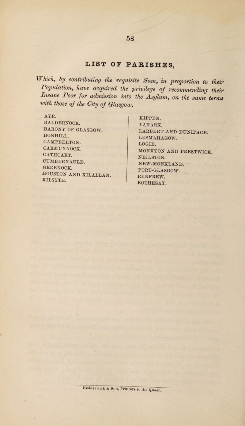 LIST OF PARISHES, }} hich, by contributing the requisite Sum, in proportion to their Population, have acquired the privilege of recommending their Insane Poor for admission into the Asylum, on the same terms luith those of the City of Glasgow. AYR. BALDERNOCK. BARONY OF GLASGOW. BONHILL. CAMPBELTON. CARMUNNOCK. CATHCART. CUMBERNAULD. GREENOCK. Houston and kilallan. KILSYTH. KIPPEN. LANARK. LARBERT AND DUNIPACE. LESMAHAGOW. LOGIE. MONKTON AND PRESTWICK. NEILSTON. NEW-MONKLAND. PORT-GLASGOW. RENFREW. ROTHESAY. Hedderwick <fc Son, Printers to the Queen.