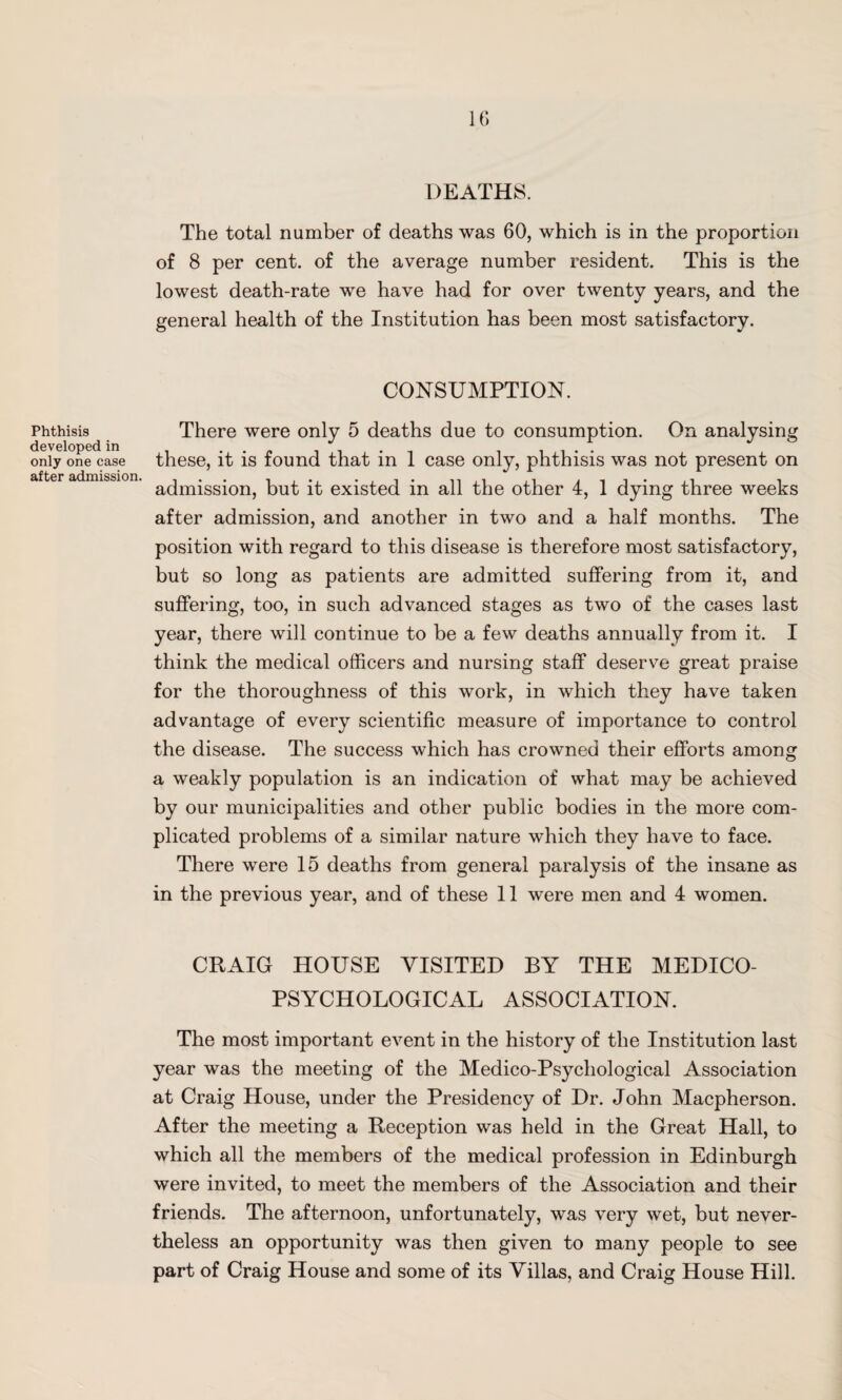 DEATHS. The total number of deaths was 60, which is in the proportion of 8 per cent, of the average number resident. This is the lowest death-rate we have had for over twenty years, and the general health of the Institution has been most satisfactory. CONSUMPTION. Phthisis developed in only one case after admission. There were only 5 deaths due to consumption. On analysing these, it is found that in 1 case only, phthisis was not present on admission, but it existed in all the other 4, 1 dying three weeks after admission, and another in two and a half months. The position with regard to this disease is therefore most satisfactory, but so long as patients are admitted suffering from it, and suffering, too, in such advanced stages as two of the cases last year, there will continue to be a few deaths annually from it. I think the medical officers and nursing staff deserve great praise for the thoroughness of this work, in which they have taken advantage of every scientific measure of importance to control the disease. The success which has crowned their efforts among a weakly population is an indication of what may be achieved by our municipalities and other public bodies in the more com¬ plicated problems of a similar nature which they have to face. There were 15 deaths from general paralysis of the insane as in the previous year, and of these 11 were men and 4 women. CRAIG HOUSE VISITED BY THE MEDICO- PSYCHOLOGICAL ASSOCIATION. The most important event in the history of the Institution last year was the meeting of the Medico-Psychological Association at Craig House, under the Presidency of Dr. John Macpherson. After the meeting a Reception was held in the Great Hall, to which all the members of the medical profession in Edinburgh were invited, to meet the members of the Association and their friends. The afternoon, unfortunately, was very wet, but never¬ theless an opportunity was then given to many people to see part of Craig House and some of its Villas, and Craig House Hill.