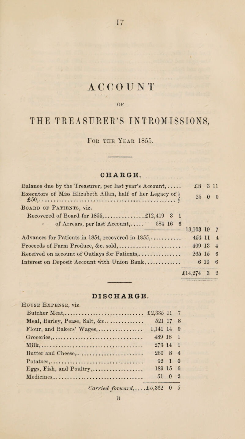 A C C O U N T OF THE TREASURER’S INTROMISSIONS, For the Year 1855. CHARGE, Balance due by the Treasurer, per last year’s Account,. £8 3 11 Executors of Miss Elizabeth Allan, half of her Legacy of 1 on r\ a £50,.../ u 0 Board op Patients, viz. Recovered of Board for 1855,.£12,419 3 1  of Arrears, per last Account,. 684 16 6 -13,103 19 7 Advances for Patients in 1854, recovered in 1855,. 454 11 4 Proceeds of Farm Produce, &c. sold,. 409 13 4 Received on account of Outlays for Patients,. 265 15 6 Interest on Deposit Account with Union Bank,. 6 19 6 £14,274 3 2 DISCHARGE. House Expense, viz. Butcher Meat,. £2,335 11 7 Meal, Barley, Pease, Salt, &c. 521 17 8 Flour, and Bakers’ Wages,. 1,141 14 0 Groceries,. 489 18 1 Milk,. 273 14 1 Butter and Cheese,. 266 8 4 Potatoes,. 92 1 0 Eggs, Fish, and Poultry,. 189 15 6 Medicines,. 51 0 2 Carried forward,... .£5,362 0 5 B