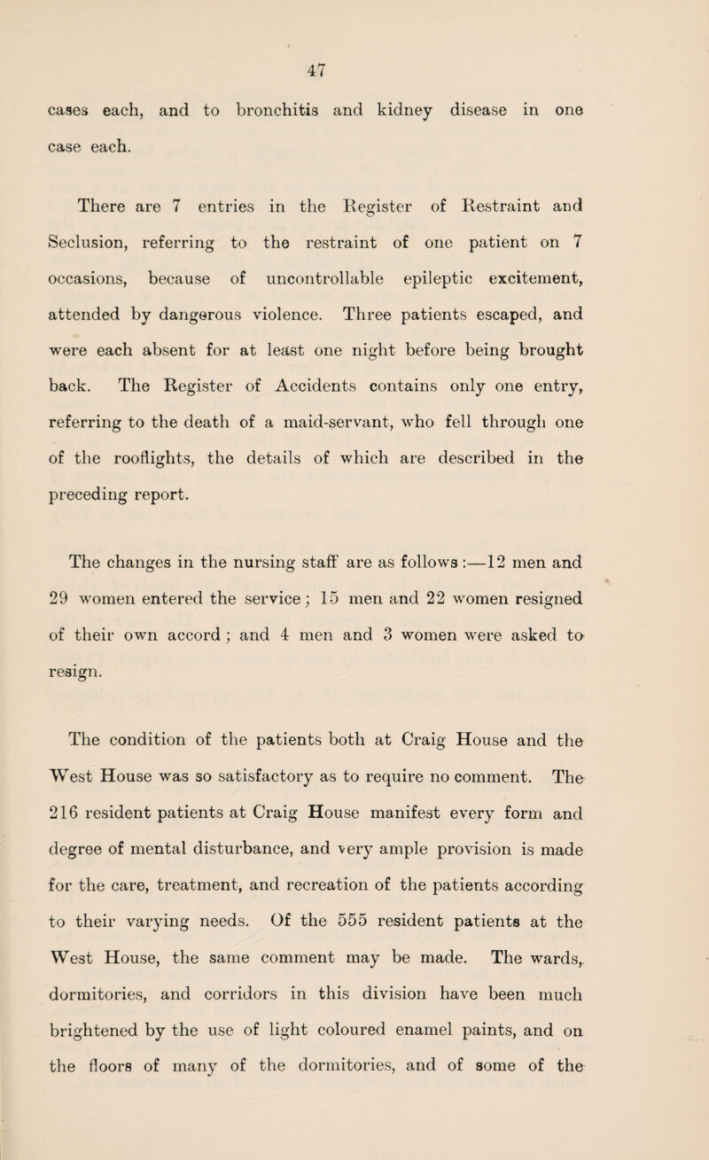 cases each, and to bronchitis and kidney disease in one case each. There are 7 entries in the Register of Restraint and o Seclusion, referring to the restraint of one patient on 7 occasions, because of uncontrollable epileptic excitement, attended by dangerous violence. Three patients escaped, and were each absent for at least one night before being brought back. The Register of Accidents contains only one entry, referring to the death of a maid-servant, who fell through one of the rooflights, the details of which are described in the preceding report. The changes in the nursing staff are as follows:—12 men and 29 women entered the service; 15 men and 22 women resigned of their own accord; and 4 men and 3 women were asked to resign. The condition of the patients both at Craig House and the West House was so satisfactory as to require no comment. The 216 resident patients at Craig House manifest every form and degree of mental disturbance, and very ample provision is made for the care, treatment, and recreation of the patients according to their varying needs. Of the 555 resident patients at the West House, the same comment may be made. The wards,, dormitories, and corridors in this division have been much brightened by the use of light coloured enamel paints, and on the floors of many of the dormitories, and of some of the