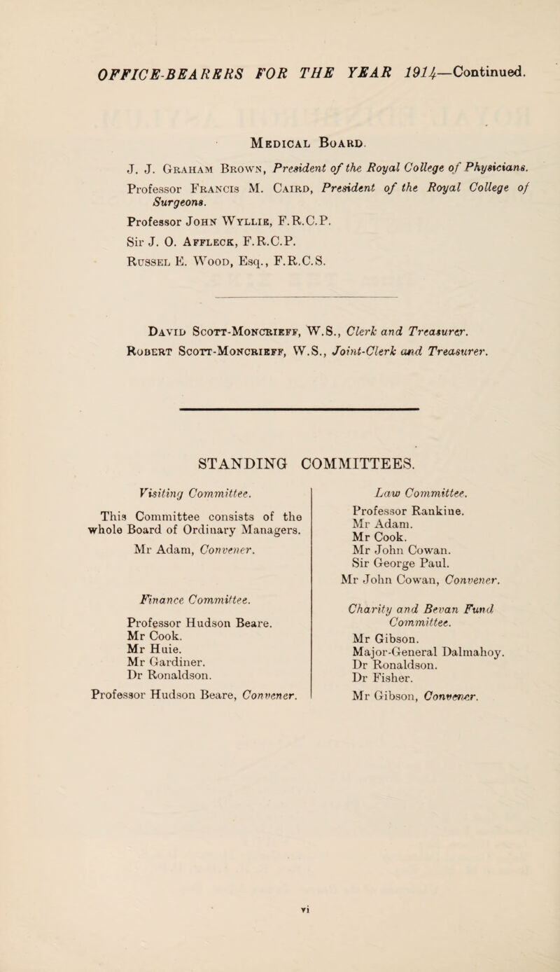 OFFICE-BEARERS FOR THE YEAR 191 f—Continued. Medical Board J. J. Graham Brown, President of the Royal College of Physicians. Professor Francis M. Caird, President of the Royal College of Surgeons. Professor John Wyllie, F.R.C.P. Sir J. 0. Affleck, F.R.C.P. Russel E. Wood, Esq., F.R.C.S. David Scott-Moncrieff, W.S., Clerk and Treasurer. Robert Scott-Moncrieff, W.S., Joint-Clerk and Treasurer. STANDING COMMITTEES. Visiting Committee. This Committee consists of the whole Board of Ordinary Managers. Mr Adam, Convener. Law Committee. Professor Rankiue. Mr Adam. Mr Cook. Mr John Cowan. Sir George Paul. Mr John Cowan, Convener. Finance Committee. Charity and Sevan Fund Committee. Professor Hudson Beare. Mr Cook. Mr H uie. Mr Gardiner. Dr Ronaldson. Mr Gibson. Major-General Dalmahoy. Dr Ronaldson. Dr Fisher. Mr Gibson, Convener. Professor Hudson Beare, Convener.