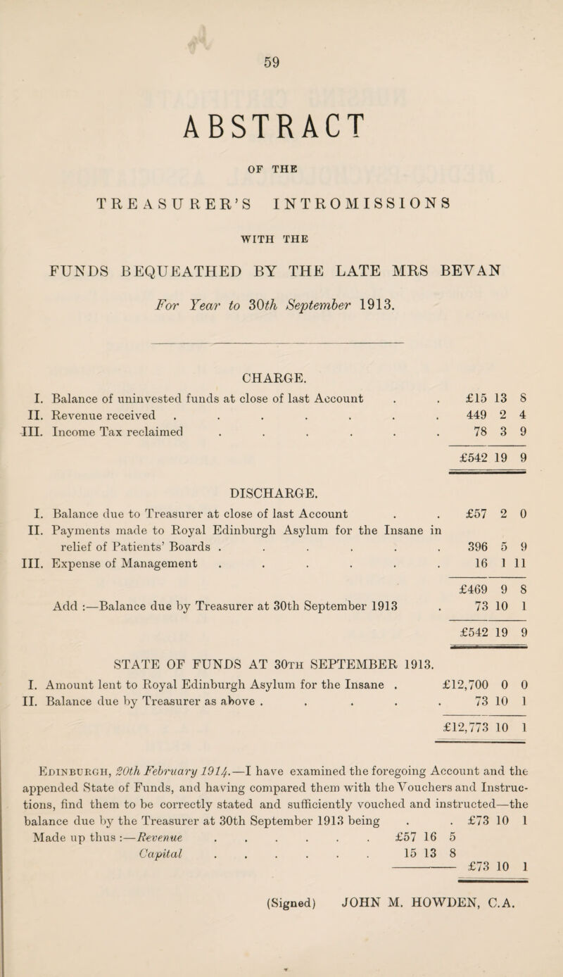 ABSTRACT OF THE TREASURER’S INTROMISSIONS WITH THE FUNDS BEQUEATHED BY THE LATE MRS BEY AN For Year to 30th September 1913. CHARGE. I. Balance of uninvested funds at close of last Account £15 13 8 II. Revenue received ...... 449 2 4 III. Income Tax reclaimed ..... 78 3 9 £542 19 9 DISCHARGE. I. Balance due to Treasurer at close of last Account £57 2 0 II. Payments made to Royal Edinburgh Asylum for the Insane in relief of Patients’ Boards ..... 396 5 9 III. Expense of Management ..... 16 1 11 £469 9 8 Add :—Balance due by Treasurer at 30th September 1913 73 10 1 £542 19 9 STATE OF FUNDS AT 30th SEPTEMBER 1913. I. Amount lent to Royal Edinburgh Asylum for the Insane . £12,700 0 0 II. Balance due by Treasurer as above .... 73 10 1 £12,773 10 1 Edinburgh, 20th February 1914.—I have examined the foregoing Account and the appended State of Funds, and having compared them with the Vouchers and Instruc¬ tions, find them to be correctly stated and sufficiently vouched and instructed—the balance due by the Treasurer at 30th September 1913 being . . £73 10 1 Made up thus :—Revenue ...... £57 16 5 Capital . . . . . . 15 13 8 - £73 10 1