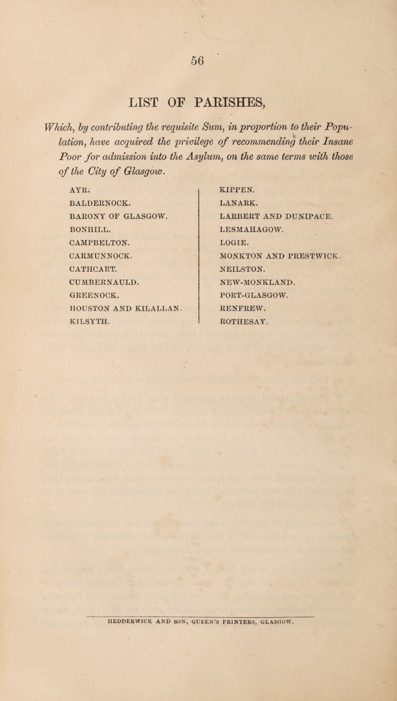 LIST OF PARISHES, Which, by contributing the requisite Sum, in proportion to their Popu¬ lation, have acquired the privilege of recommending their Insane Poor for admission into the Asylum, on the same terms with those of the City of Glasgow. AYE; BALDERNOCK. BARONY OF GLASGOW. BONHILL. CAMPBELTON. CAEMUNNOCK. CATHCART. CUMBERNAULD. GREENOCK. HOUSTON AND KILALLAN. KILSYTH. KIPPEN. LANARK. LARBERT AND DUNIPACE. LESMAHAGOW. LOGIE. MONKTON AND PRESTWICK. NEILSTON. NEW-MONKLAND. PORT-GLASGOW. RENFREW. ROTHESAY. IIEDDERWICK AND SON, QUEEN’S PRINTERS, GLASGOW.