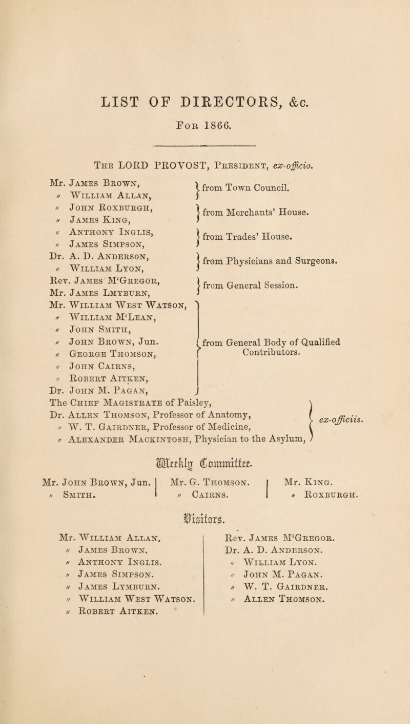 LIST OF DIRECTORS, &c. Foe, 1866. The LORD PROVOST, President, ex-officio. | from Town Council. | from Merchants’ House. | from Trades’ House. | from Physicians and Surgeons. | from General Session. Mr. James Brown, // William Allan, // John Roxburgh, h James King, // Anthony Inglis, // James Simpson, Dr. A. D. Anderson, // William Lyon, Rev. James M‘Gregor, Mr. James Lmyburn, Mr. William West Watson, * William M‘Lean, // John Smith, // John Brown, Jun. n George Thomson, '/ John Cairns, .'/ Robert Aitken, Dr. John M. Pagan, The Chief Magistrate of Paisley, Dr. Allen Thomson, Professor of Anatomy, // W. T, Gairdner, Professor of Medicine, n Alexander Mackintosh, Physician to the Asylum, > from General Body of Qualified Contributors. ex-officiis. [ttklg €oramitkt. Mr. John Brown, Jun. I Mr. G. Thomson. * Smith. I » Cairns. Mr. King. * Roxburgh. Mr. William Allan. n James Brown. » Anthony Inglis. h James Simpson. // James Lymburn. // William West Watson. u Robert Aitken. WlBltm. Rev. James M'Gregor. Dr. A. D. Anderson. » William Lyon. // John M. Pagan. // W. T. Gairdner. Allen Thomson.