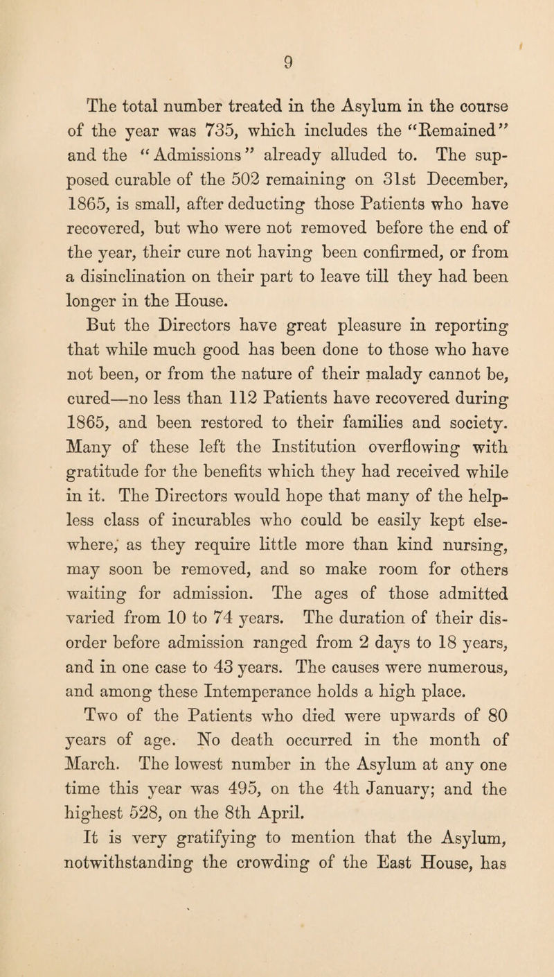 The total number treated in the Asylum in the course of the year was 735, which includes the “Remained” and the “ Admissions ” already alluded to. The sup¬ posed curable of the 502 remaining on 31st December, 1865, is small, after deducting those Patients who have recovered, but who were not removed before the end of the year, their cure not having been confirmed, or from a disinclination on their part to leave till they had been longer in the House. But the Directors have great pleasure in reporting that while much good has been done to those who have not been, or from the nature of their malady cannot be, cured—no less than 112 Patients have recovered during 1865, and been restored to their families and society. Many of these left the Institution overflowing with gratitude for the benefits which they had received while in it. The Directors would hope that many of the help- less class of incurables who could be easily kept else¬ where, as they require little more than kind nursing, may soon be removed, and so make room for others waiting for admission. The ages of those admitted varied from 10 to 74 years. The duration of their dis¬ order before admission ranged from 2 days to 18 years, and in one case to 43 years. The causes were numerous, and among these Intemperance holds a high place. Two of the Patients who died were upwards of 80 years of age. Ho death occurred in the month of March. The lowest number in the Asylum at any one time this year was 495, on the 4th January; and the highest 528, on the 8th April. It is very gratifying to mention that the Asylum, notwithstanding the crowding of the East House, has