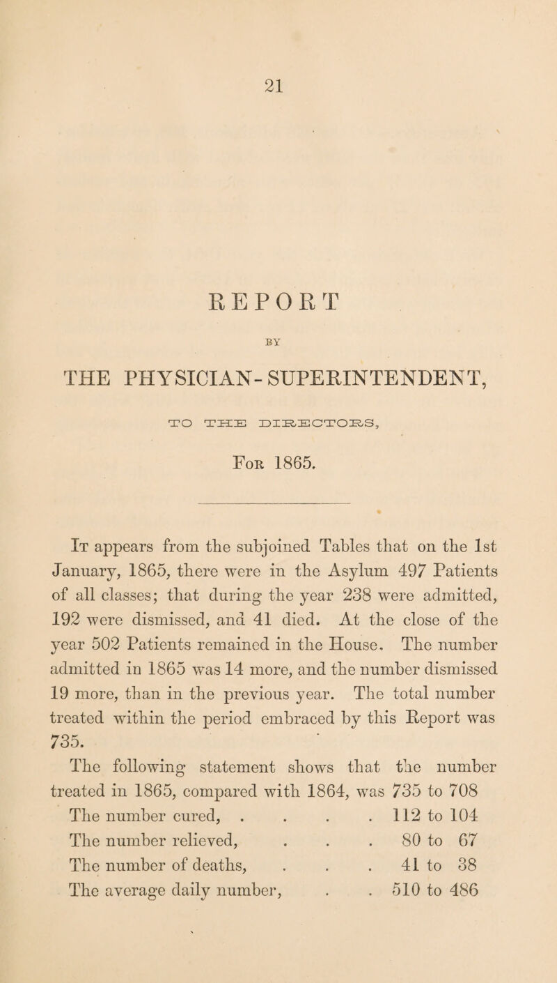 REPORT BY THE PHYSICIAN- SUPERINTENDENT, TO T ZEE IE DIRECTOE-S, For 1865. It appears from the subjoined Tables that on the 1st January, 1865, there were in the Asylum 497 Patients of all classes; that during the year 238 were admitted, 192 were dismissed, and 41 died. At the close of the year 502 Patients remained in the House. The number admitted in 1865 wTas 14 more, and the number dismissed 19 more, than in the previous year. The total number treated within the period embraced by this Peport was 735. The following statement shows that the number treated in 1865, compared with 1864, was 735 to 708 The number cured, . . . 112 to 104 The number relieved, . . . 80 to 67 The number of deaths, . . . 41 to 38 The average daily number, . . 510 to 486