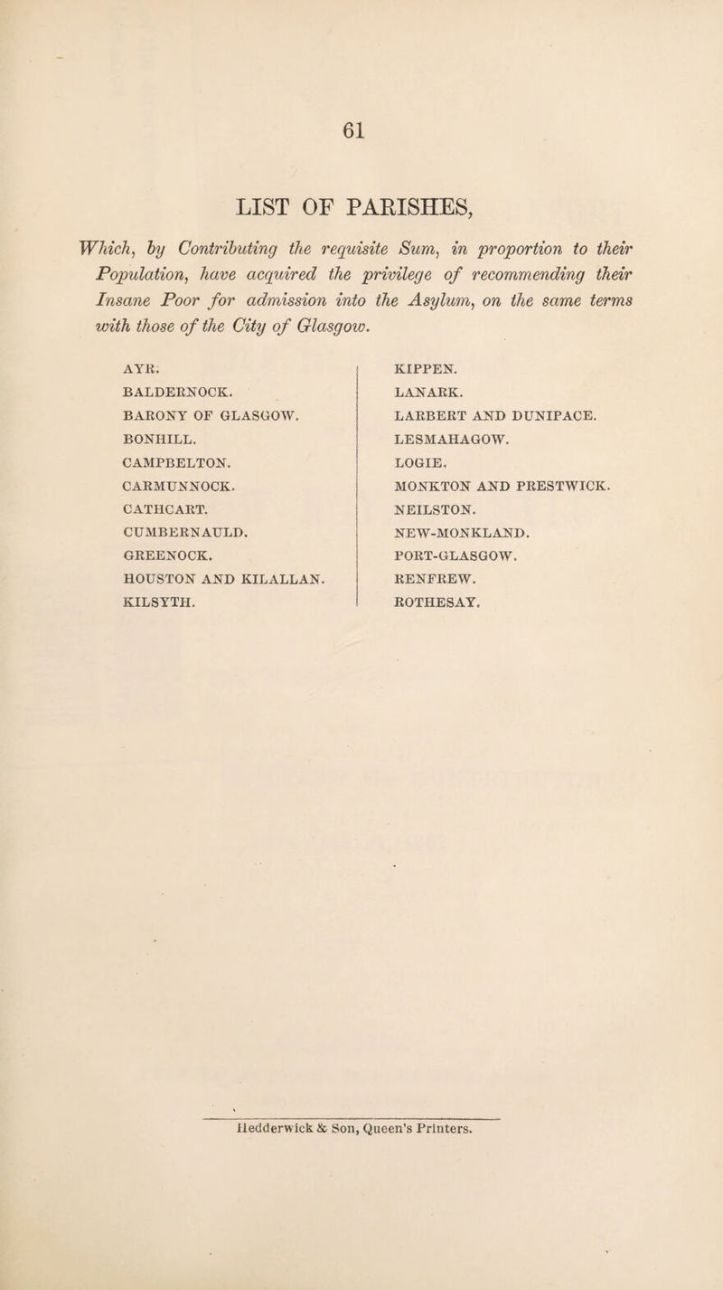 LIST OF PARISHES, Which, by Contributing the requisite Sum, in proportion to their Population, have acquired the privilege of recommending their Insane Poor for admission into the Asylum, on the same terms with those of the City of Glasgow. AYR. BALDERNOCK. BARONY OF GLASGOW. BONHILL. CAMPBELTON. CARMUNNOCK. CATHCART. CUMBERNAULD. GREENOCK. HOUSTON AND KILALLAN. KILSYTH. KIPPEN. LANARK. LARBERT AND DUNIPACE. LESMAHAGOW. LOGIE. MONKTON AND PRESTWICK. NEILSTON. NEW-MONKLAND. PORT-GLASGOW. RENFREW. ROTHESAY. Iledderwick & Son, Queen’s Printers.