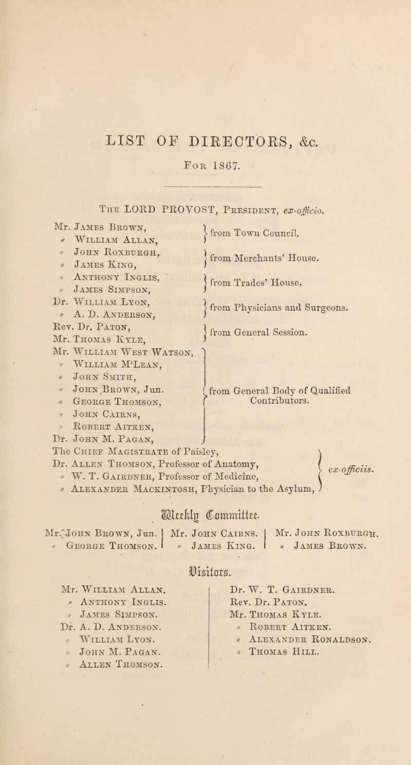 LIST OF DIRECTORS, &c. Foe 1867. The LORD PROVOST, President, ex-officio. Mr. James Brown, » William Allan, ]• from Town Council. from Merchants’ House. from Trades’ House. from Physicians and Surgeons. 1 from General Session.  John Roxburgh, -/ James King, « Anthony Inglis, n James Simpson, Dr. William Lyon, // A. D. Anderson, Rev. Dr. Paton, Mr. Thomas Kyle, Mr. William WLest Watson,  William M‘Lean, // John Smith, '/ John Brown, Jun.  George Thomson, '/ John Cairns, •'/ Robert Aitken, Dr. John M. Pagan, The Chief Magistrate of Paisley, Dr. Allen Thomson, Professor of Anatomy,  W. T. Gairdner, Professor of Medicine, n Alexander Mackintosh, Physician to the Asylum, > from General Body of Qualified Contributors. ex-officiis. SSIeeklg Committee MrJJohn Brown, Jun. 1 Mr. John Cairns. I Mr. John Roxburgh. // George Thomson. I r James King. I u James Brown. Visitors Mr. William Allan. Anthony Inglis. u James Simpson. Dr. A. D. Anderson. // William Lyon. // Allen Thomson. Dr. W. T. Gairdner. Rev. Dr. Paton. Mr. Thomas Kyle. n R.OBERT AlTKEN. // Alexander Ronaldson.