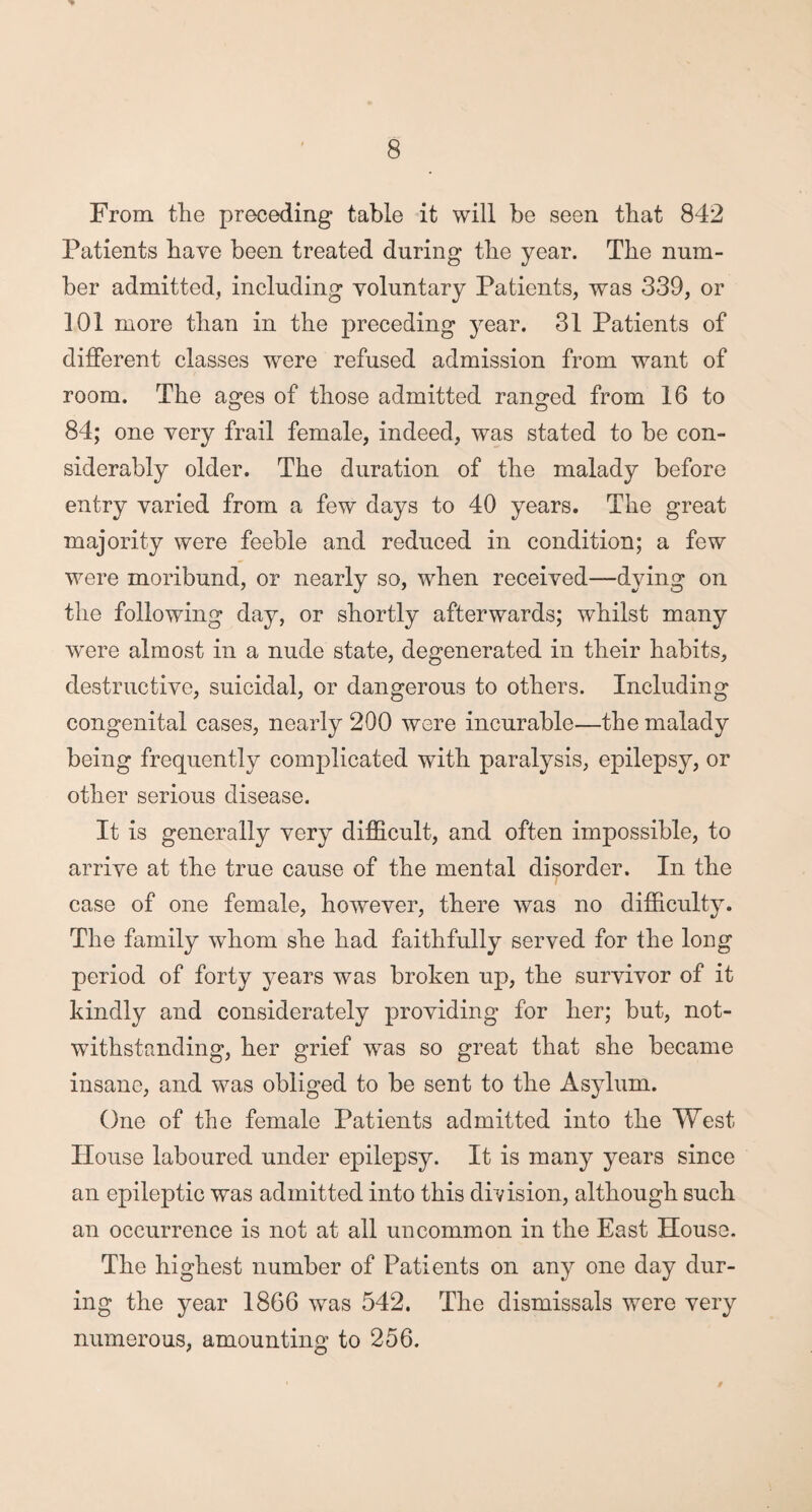 From the preceding table it will be seen that 842 Patients have been treated during the year. The num¬ ber admitted, including voluntary Patients, was 339, or 101 more than in the preceding year. 31 Patients of different classes were refused admission from want of room. The ages of those admitted ranged from 16 to 84; one very frail female, indeed, was stated to be con¬ siderably older. The duration of the malady before entry varied from a few days to 40 years. The great majority were feeble and reduced in condition; a few were moribund, or nearly so, when received—dying on the following day, or shortly afterwards; whilst many were almost in a nude state, degenerated in their habits, destructive, suicidal, or dangerous to others. Including congenital cases, nearly 200 were incurable—the malady being frequently complicated with paralysis, epilepsy, or other serious disease. It is generally very difficult, and often impossible, to arrive at the true cause of the mental disorder. In the case of one female, however, there was no difficulty. The family whom she had faithfully served for the long period of forty years was broken up, the survivor of it kindly and considerately providing for her; but, not¬ withstanding, her grief was so great that she became insane, and was obliged to be sent to the Asylum. One of the female Patients admitted into the West House laboured under epilepsy. It is many years since an epileptic was admitted into this division, although such an occurrence is not at all uncommon in the East House. The highest number of Patients on any one day dur¬ ing the year 1866 was 542. The dismissals were very numerous, amounting to 256.