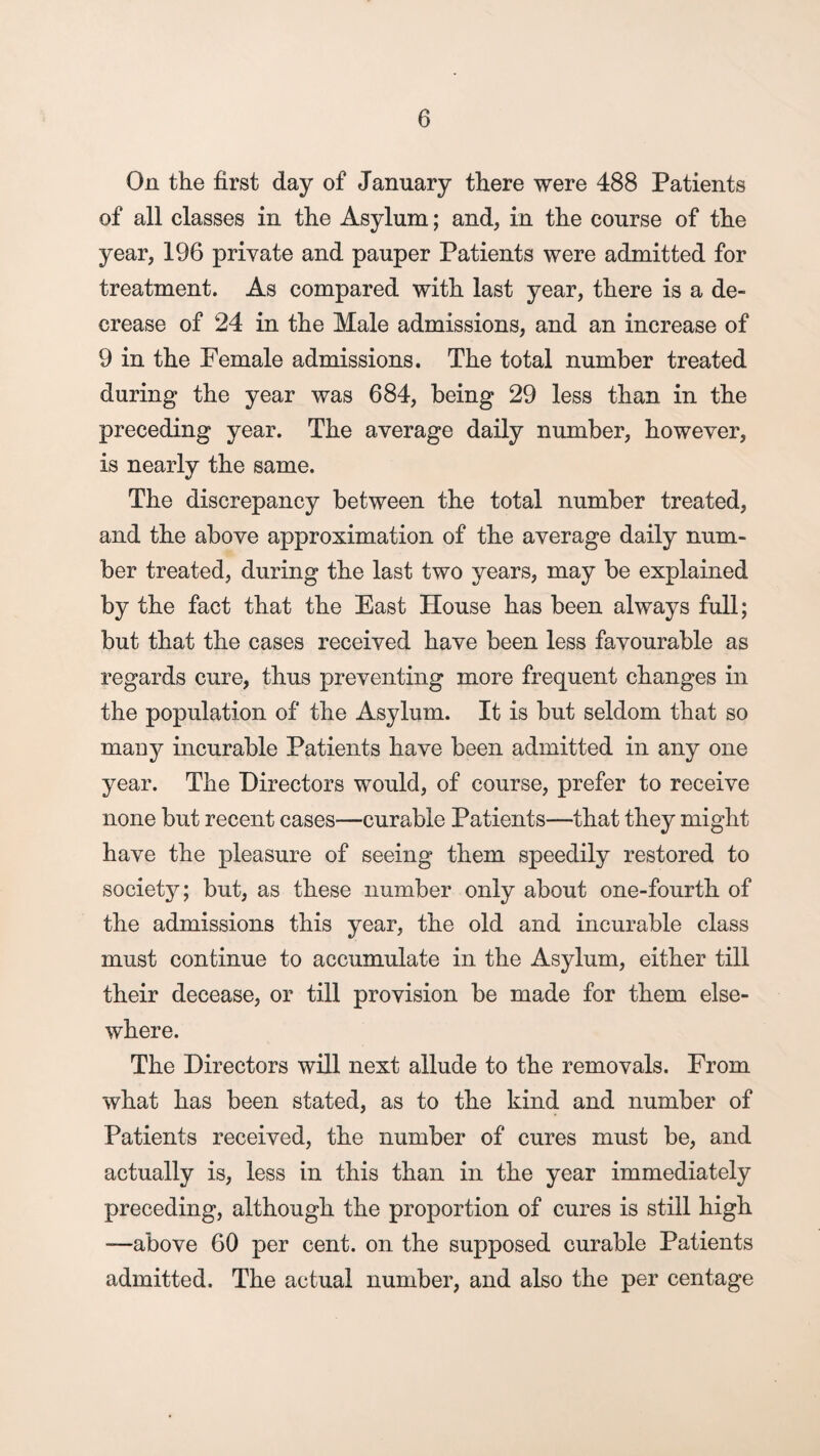 On the first day of January there were 488 Patients of all classes in the Asylum; and, in the course of the year, 196 private and pauper Patients were admitted for treatment. As compared with last year, there is a de¬ crease of 24 in the Male admissions, and an increase of 9 in the Pemale admissions. The total number treated during the year was 684, being 29 less than in the preceding year. The average daily number, however, is nearly the same. The discrepancy between the total number treated, and the above approximation of the average daily num¬ ber treated, during the last two years, may be explained by the fact that the East House has been always full; but that the cases received have been less favourable as regards cure, thus preventing more frequent changes in the population of the Asylum. It is but seldom that so many incurable Patients have been admitted in any one year. The Directors would, of course, prefer to receive none but recent cases—curable Patients—that they might have the pleasure of seeing them speedily restored to society; but, as these number only about one-fourth of the admissions this year, the old and incurable class must continue to accumulate in the Asylum, either till their decease, or till provision be made for them else¬ where. The Directors will next allude to the removals. From what has been stated, as to the kind and number of Patients received, the number of cures must be, and actually is, less in this than in the year immediately preceding, although the proportion of cures is still high —above 60 per cent, on the supposed curable Patients admitted. The actual number, and also the per centage