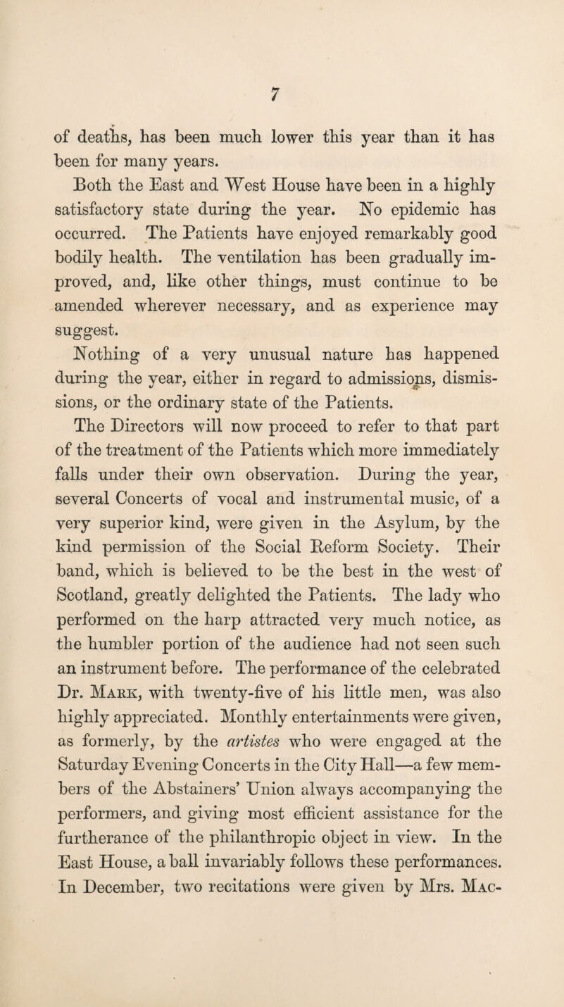 of deaths, has been much lower this year than it has been for many years. Both the East and West House have been in a highly satisfactory state during the year. Ho epidemic has occurred. The Patients have enjoyed remarkably good bodily health. The ventilation has been gradually im¬ proved, and, like other things, must continue to be amended wherever necessary, and as experience may suggest. Ho thing of a very unusual nature has happened during the year, either in regard to admissions, dismis¬ sions, or the ordinary state of the Patients. The Directors will now proceed to refer to that part of the treatment of the Patients which more immediately falls under their own observation. During the year, several Concerts of vocal and instrumental music, of a very superior kind, were given in the Asylum, by the kind permission of the Social Reform Society. Their band, which is believed to be the best in the west of Scotland, greatly delighted the Patients. The lady who performed on the harp attracted very much notice, as the humbler portion of the audience had not seen such an instrument before. The performance of the celebrated Dr. Mark, with twenty-five of his little men, was also highly appreciated. Monthly entertainments were given, as formerly, by the artistes who were engaged at the Saturday Evening Concerts in the City Hall—a few mem¬ bers of the Abstainers’ Union always accompanying the performers, and giving most efficient assistance for the furtherance of the philanthropic object in view. In the East House, a ball invariably follows these performances. In December, two recitations were given by Mrs. Mac-