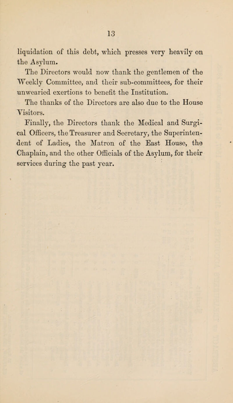 liquidation of this debt, which presses very heavily on the Asylum. The Directors would now thank the gentlemen of the Weekly Committee, and their sub-committees, for their unwearied exertions to benefit the Institution. The thanks of the Directors are also due to the House Visitors. Finally, the Directors thank the Medical and Surgi¬ cal Officers, the Treasurer and Secretary, the Superinten¬ dent of Ladies, the Matron of the East House, the Chaplain, and the other Officials of the Asylum, for their services during the past year.