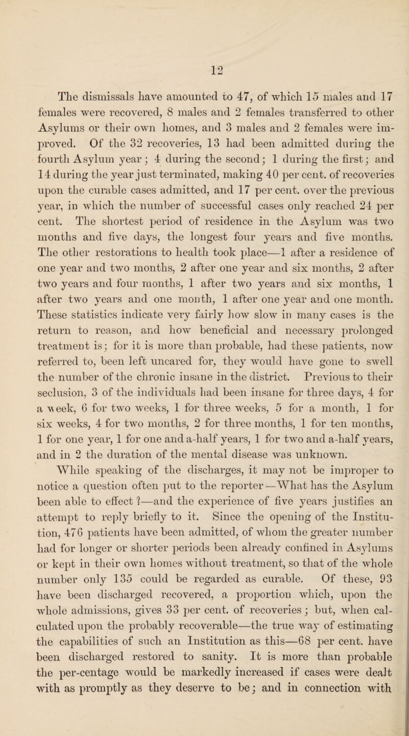 The dismissals have amounted to 47, of which 15 males and 17 females were recovered, 8 males and 2 females transferred to other Asylums or their own homes, and 3 males and 2 females were im¬ proved. Of the 32 recoveries, 13 had been admitted during the fourth Asylum year; 4 during the second; 1 during the first; and 14 during the year just terminated, making 40 j:>er cent, of recoveries upon the curable cases admitted, and 17 percent, over the previous year, in which the number of successful cases only reached 24 per cent. The shortest period of residence in the Asylum was two months and five days, the longest four years and five months. The other restorations to health took place—1 after a residence of one year and two months, 2 after one year and six months, 2 after two years and four months, 1 after two years and six months, 1 after two years and one month, 1 after one year and one month. These statistics indicate very fairly how slow in many cases is the return to reason, and how beneficial and necessary jjrolonged treatment is; for it is more than probable, had these patients, now referred to, been left uncared for, they would have gone to swell the number of the chronic insane in the district. Previous to their seclusion, 3 of the individuals had been insane for three days, 4 for a w eek, G for two weeks, 1 for three weeks, 5 for a month, 1 for six weeks, 4 for tw'o months, 2 for three months, 1 for ten months, 1 for one year, 1 for one and a-half years, 1 for two and a-lialf years, and in 2 the duration of the mental disease was unknown. While speaking of the discharges, it may not be improper to notice a question often put to the reporter—What has the Asylum been able to effect 1—and the experience of five years justifies an attempt to reply briefly to it. Since the opening of the Institu¬ tion, 47G patients have been admitted, of whom the greater number had for longer or shorter periods been already confined in Asylums or kept in their own homes without treatment, so that of the whole number only 135 could be regarded as curable. Of these, 93 have been discharged recovered, a proportion which, upon the whole admissions, gives 33 per cent, of recoveries; but, when cal¬ culated upon the probably recoverable—the true way of estimating the capabilities of such an Institution as this—68 per cent, have been discharged restored to sanity. It is more than probable the per-centage would be markedly increased if cases were dealt with as promptly as they deserve to be; and in connection with