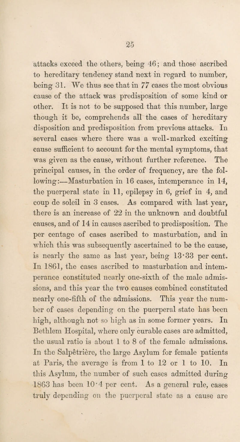 attacks exceed the others, being 46; and those ascribed to hereditary tendency stand next in regard to number, being 31. We thus see that in 77 cases the most obyious cause of the attack was predisposition of some kind or other. It is not to be supposed that this number, large though it be, comprehends all the cases of hereditary disposition and predisposition from previous attacks. In several cases where there was a well-marked exciting cause sufficient to account for the mental symptoms, that was given as the cause, without further reference. The principal causes, in the order of frequency, are the fol¬ lowing:—Masturbation in 16 cases, intemperance in 14, the puerperal state in 11, epilepsy in 6, grief in 4, and coup de soleil in 3 cases. As compared with last year, there is an increase of 22 in the unknown and doubtful causes, and of 14 in causes ascribed to predisposition. The per centage of cases ascribed to masturbation, and in which this was subsequently ascertained to be the cause, is nearly the same as last year, being 13*33 per cent. In 1861, the cases ascribed to masturbation and intem¬ perance constituted nearly one-sixth of the male admis¬ sions, and this year the two causes combined constituted nearly one-fifth of the admissions. This year the num¬ ber of cases depending on the puerperal state has been high, although not so high as in some former years. In Bethlem Hospital, where only curable cases are admitted, the usual ratio is about 1 to 8 of the female admissions. In the Salpetriere, the large Asylum for female patients at Paris, the average is from 1 to 12 or 1 to 10. In this Asylum, the number of such cases admitted during 1863 has been 10*4 per cent. As a general rule, cases truly depending on the puerperal state as a cause are