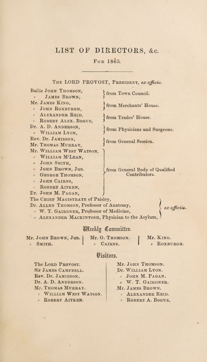 LIST OF DIRECTORS, &c. For 1865. | from Town Council. | from Merchants’ House. | from Trades’ House. | from Physicians and Surgeons. | from General Session. The LORD PROVOST, President, ex-officio. Bailie John Thomson, ■I James Brown, Mr. James King, /' John Roxburgh, * Alexander Reid, '/ Robert Alex. Bogue, Dr. A. D. Anderson, // William Lyon, Rev. Dr. Jamieson, Mr. Thomas Murray, Mr. William West Watson, // William M‘Lean, // John Smith, u John Brown, Jun. u George Thomson, '/ John Cairns, y Robert Aitken, Dr. John M. Pagan, The Chief Magistrate of Paisley, Dr. Allen Thomson, Professor of Anatomy,  W. T. Gairdner, Professor of Medicine, // Alexander Mackintosh, Physician to the Asylum, from General Body of Qualified Contributors. ex-off cits. WlzMq Ccmmrtfn. Mr. John Brown, Jun. 1 Mr. G. Thomson. // Smith. I » Cairns. Mr. King. * Roxburgh. The Lord Provost. Sir James Campbell. Rev. Dr. Jamieson. Dr. A. D. Anderson. Mr. Thomas Murray. ■/ William West Watson. // Robert Aitken. Mr. John Thomson. Dr. William Lyon. // John M. Pagan. // W. T. Gairdner. Mr. James Brown. u Alexander Reid. // Robert A. Bogue.