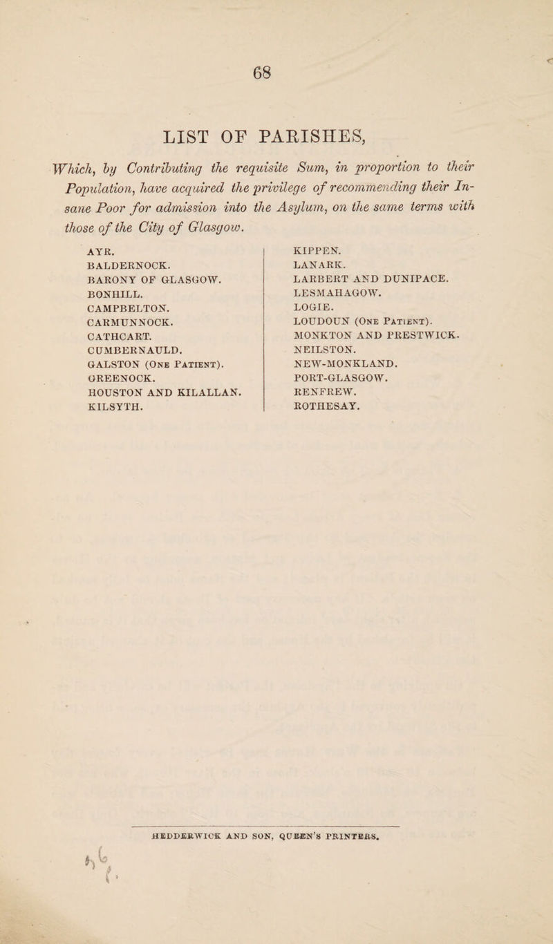 LIST OF PARISHES, Which, by Contributing the requisite Sum, in proportion to their Population, have acquired the privilege of recommending their In¬ sane Poor for admission into the Asylum, on the same terms with those of the City of Glasgow. AYR. BALDERNOCK. BARONY OF GLASGOW. BON HILL. CAMPBELTON. CARMUNNOCK. CATHCART. CUMBERNAULD. GALSTON (One Patient). GREENOCK. HOUSTON AND KILALLAN. KILSYTH. KIPPEN. LANARK. LARBERT AND DUNIPACE. LESMAHAGOW. LOGIE. LOUDOUN (One Patient). MONKTON AND PRESTWICK. NEILSTON. NEW-MONKLAND. PORT-GLASGOW. RENFREW. ROTHESAY. HEDPERWICK AND SON, QUEEN’S PRINTERS,