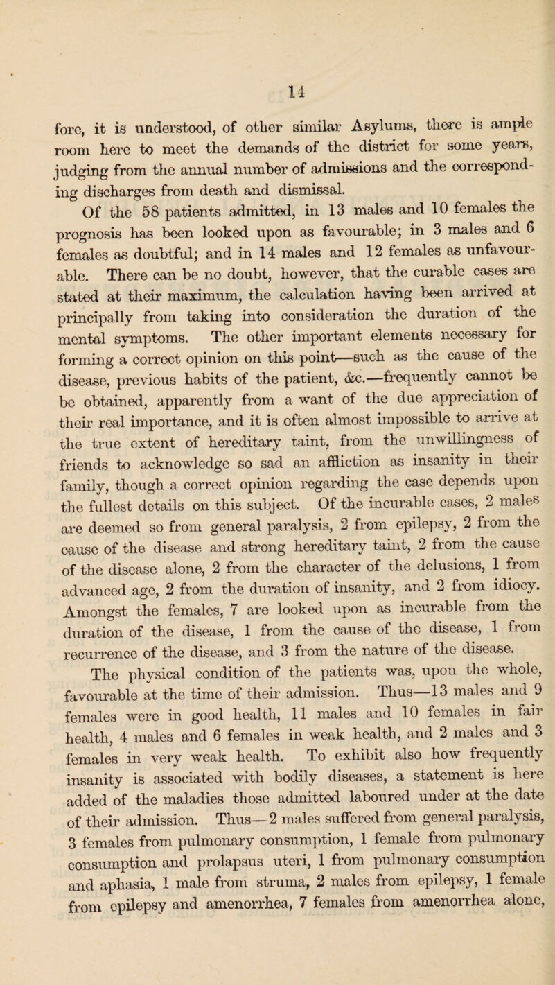 fore, it is understood, of other similar Asylums, there is ample room here to meet the demands of the district for some years, judging from the annual number of admissions and the correspond¬ ing discharges from death and dismissal. Of the 58 patients admitted, in 13 males and 10 females the prognosis has been looked upon as favourable; in 3 males and 6 females as doubtful; and in 14 males and 12 females as unfavour¬ able. There can be no doubt, however, that the curable cases are stated at their maximum, the calculation having been arrived at principally from taking into consideration the duration of the mental symptoms. The other important elements necessary for forming a correct opinion on this point—such as the cause of the disease, previous habits of the patient, &c.—frequently cannot be be obtained, apparently from a want of the due appreciation of their real importance, and it is often almost impossible to arrive at the true extent of hereditary taint, from the unwillingness of friends to acknowledge so sad an affliction as insanity in their family, though a correct opinion regarding the case depends upon the fullest details on this subject. Of the incurable cases, 2 males are deemed so from general paralysis, 2 from epilepsy, 2 from the cause of the disease and strong hereditary taint, 2 from the cause of the disease alone, 2 from the character of the delusions, 1 from advanced age, 2 from the duration of insanity, and 2 from idiocy. Amongst the females, 7 are looked upon as incurable from the duration of the disease, 1 from the cause of the disease, 1 from recurrence of the disease, and 3 from the nature of the disease. The physical condition of the patients was, upon the whole, favourable at the time of their admission. Thus—13 males and 9 females were in good health, 11 males and 10 females in fair health, 4 males and 6 females in weak health, and 2 males and 3 females in very weak health. To exhibit also how frequently insanity is associated with bodily diseases, a statement is here added of the maladies those admitted laboured under at the date of their admission. Thus—2 males suffered from general paralysis, 3 females from pulmonary consumption, 1 female from pulmonary consumption and prolapsus uteri, 1 from pulmonary consumption and aphasia, 1 male from struma, 2 males from epilepsy, 1 female from epilepsy and amenorrhea, 7 females from amenorrhea alone,