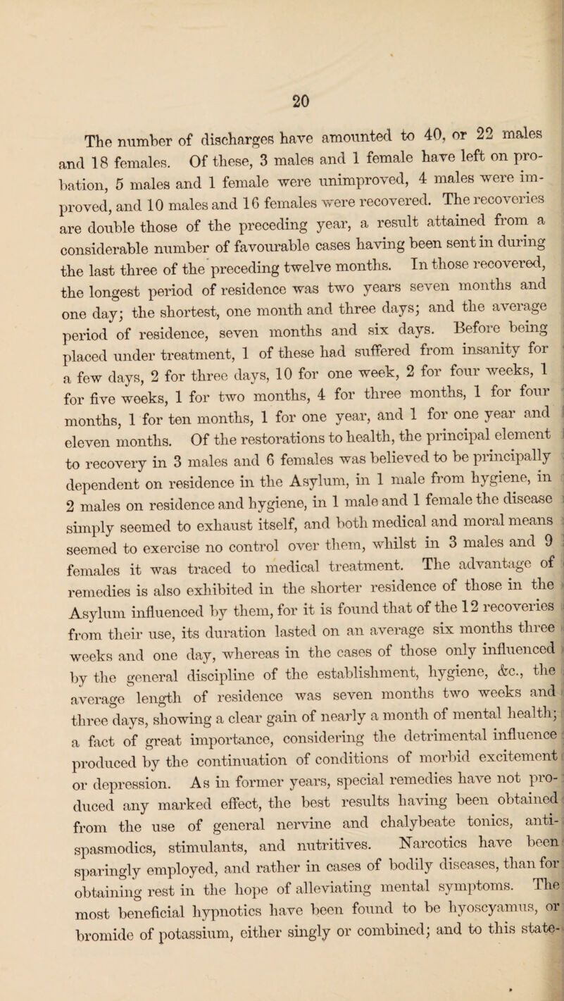 The number of discharges have amounted to 40, or 22 males and 18 females. Of these, 3 males and 1 female have left on pro¬ bation, 5 males and 1 female were unimproved, 4 males were im¬ proved, and 10 males and 16 females were recovered. The recovdies are double those of the preceding year, a result attained from a considerable number of favourable cases having been sent in during the last three of the preceding twelve months. In those recovered, the longest period of residence was two years seven months and one day; the shortest, one month and three days; and the average period of residence, seven months and six days. Befoie being placed under treatment, 1 of these had suffered from insanity foi a few days, 2 for three days, 10 for one week, 2 for four weeks, 1 for five weeks, 1 for two months, 4 for three months, 1 for four months, 1 for ten months, 1 for one year, and 1 for one year and eleven months. Of the restorations to health, the principal element to recovery in 3 males and 6 females was believed to be principally dependent on residence in the Asylum, in 1 male from hygiene, in 2 males on residence and hygiene, in 1 male and 1 female the disease simply seemed to exhaust itself, and both medical and moral means seemed to exercise no control over them, whilst in 3 males and 9 females it was traced to medical treatment. The advantage of remedies is also exhibited in the shorter residence of those in the Asylum influenced by them, for it is found that of the 12 recoveries from their use, its duration lasted on an average six months three weeks and one day, whereas in the cases of those only influenced by the general discipline of the establishment, hygiene, &c., the average length of residence was seven months two weeks and three days, showing a clear gain of nearly a month of mental health; a fact of great importance, considering the detrimental influence produced by the continuation of conditions of morbid excitement or depression. As in former years, special remedies have not pro¬ duced any marked effect, the best results having been obtained from the use of general nervine and chalybeate tonics, anti- spasmodics, stimulants, and nutritives. Narcotics have been sparingly employed, and rather in cases of bodily diseases, than for obtaining rest in the hope of alleviating mental symptoms. The most beneficial hypnotics have been found to be hyoscyamus, or bromide of potassium, either singly or combined; and to this state-