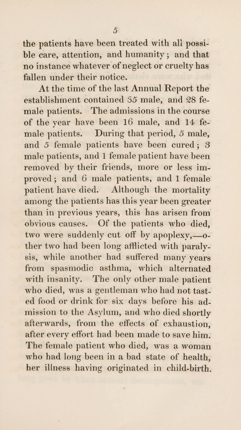 the patients have been treated with all possi¬ ble care, attention, and humanity; and that no instance whatever of neglect or cruelty has fallen under their notice. At the time of the last Annual Report the establishment contained 55 male, and 28 fe¬ male patients. The admissions in the course of the year have been 16 male, and 14 fe¬ male patients. During that period, 5 male, and 5 female patients have been cured; 8 male patients, and 1 female patient have been removed by their friends, more or less im¬ proved ; and 6 male patients, and 1 female patient have died. Although the mortality among the patients has this year been greater than in previous years, this has arisen from obvious causes. Of the patients who died, two were suddenly cut off by apoplexy,—o- tlier two had been long afflicted with paraly¬ sis, while another had suffered many years from spasmodic asthma, which alternated with insanity. The only other male patient who died, was a gentleman who had not tast¬ ed food or drink for six days before his ad¬ mission to the Asylum, and who died shortly afterwards, from the effects of exhaustion, after every effort had been made to save him. The female patient who died, was a woman who had long been in a bad state of health, her illness having originated in child-birth.