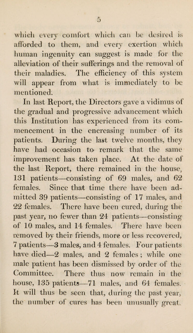 which every comfort which can be desired is afforded to them, and every exertion which human ingenuity can suggest is made for the alleviation of their sufferings and the removal of their maladies. The efficiency of this system will appear from what is immediately to be mentioned. In last Report, the Directors gave a vidimus of the gradual and progressive advancement which this Institution has experienced from its com¬ mencement in the encreasing number of its patients. During the last twelve months, they have had occasion to remark that the same improvement has taken place. At the date of the last Report, there remained in the house, 131 patients—consisting of 69 males, and 62 females. Since that time there have been ad¬ mitted 39 patients—consisting of 17 males, and 22 females. There have been cured, during the past year, no fewer than 24 patients—consisting of 10 males, and 14 females. There have been removed by their friends, more or less recovered, 7 patients—-3 males, and 4 females. Four patients have died—2 males, and 2 females ; while one male patient has been dismissed by order of the Committee. There thus now remain in the house, 135 patients—71 males, and 64 females. It will thus be seen that, during the past year, tire number of cures has been unusually great.