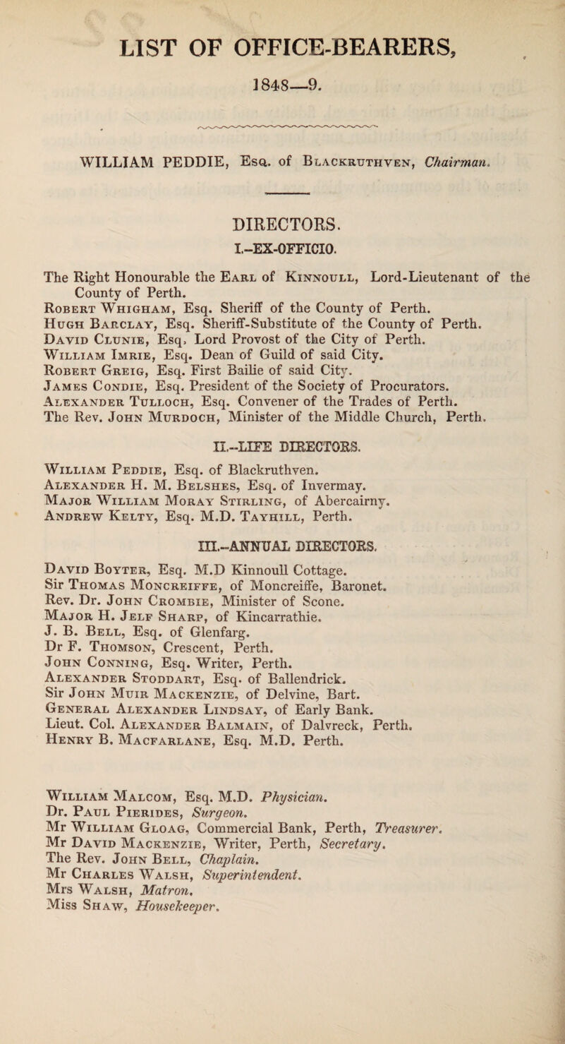 LIST OF OFFICE-BEARERS, 1848—9. WILLIAM PEDDIE, Esq. of Blackruthven, Chairman. DIRECTORS. I.-EX-OFFICIO. The Right Honourable the Earl of Kinnoull, Lord-Lieutenant of the County of Perth. Robert Whigham, Esq. Sheriff of the County of Perth. Hugh Barclay, Esq. Sheriff-Substitute of the County of Perth. David Clunie, Esq, Lord Provost of the City of Perth. William Imrie, Esq. Dean of Guild of said City. Robert Greig, Esq. First Bailie of said City. James Condie, Esq. President of the Society of Procurators. Alexander Tulloch, Esq. Convener of the Trades of Perth. The Rev. John Murdoch, Minister of the Middle Church, Perth. IL-LIFE DIRECTORS. William Peddie, Esq. of Blackruthven. Alexander H. M. Belshes, Esq. of Invermay. Major William Moray Stirling, of Abercairny. Andrew Kelty, Esq. M.D. Tayhill, Perth. HI.-ANNUAL DIRECTORS, David Boyter, Esq. M.D Kinnoull Cottage. Sir Thomas Moncreiffe, of Moncreiffe, Baronet. Rev. Dr. John Crombie, Minister of Scone. Major H. Jelf Sharp, of Kincarrathie. J. B. Bell, Esq. of Glenfarg. Dr F. Thomson, Crescent, Perth. John Conning, Esq. Writer, Perth. Alexander Stoddart, Esq. of Ballendrick. Sir John Muir Mackenzie, of Delvine, Bart. General Alexander Lindsay, of Early Bank. Lieut. Col. Alexander Balmain, of Dalvreck, Perth. Henry B. Macfarlane, Esq. M.D. Perth. William Malcom, Esq. M.D. Physician. Dr. Paul Pierides, Surgeon. Mr William Gloag, Commercial Bank, Perth, Treasurer. Mr David Mackenzie, Writer, Perth, Secretary. The Rev. John Bell, Chaplain. Mr Charles Walsh, Superintendent. Mrs Walsh, Matron, Miss Shaw, Housekeeper.