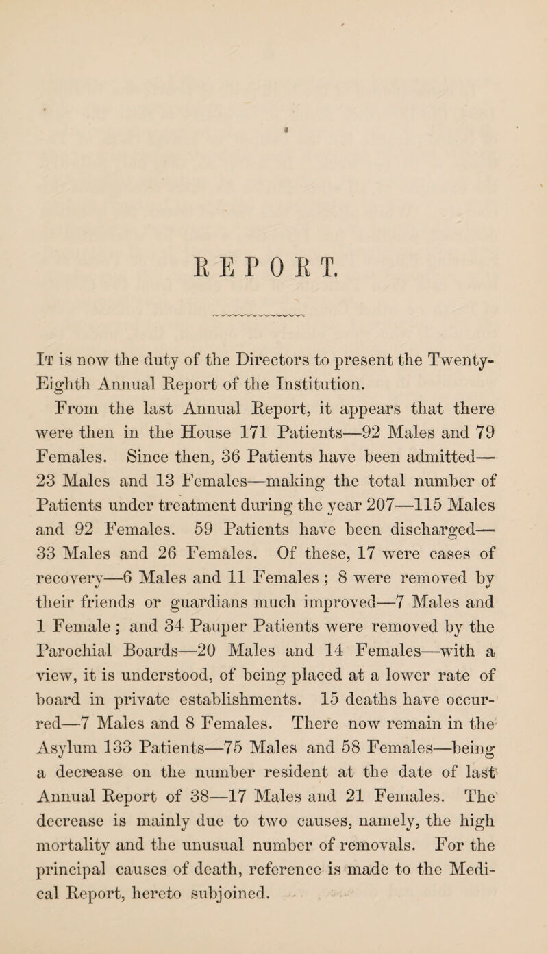 E E P 0 E T. It is now the duty of the Directors to present the Twenty- Eighth Annual Report of the Institution. From the last Annual Report, it appears that there were then in the House 171 Patients—92 Males and 79 Females. Since then, 36 Patients have been admitted— 23 Males and 13 Females—making the total number of Patients under treatment during the year 207—115 Males and 92 Females. 59 Patients have been discharged— 33 Males and 26 Females. Of these, 17 were cases of recovery—6 Males and 11 Females ; 8 were removed by their friends or guardians much improved—7 Males and 1 Female ; and 31 Pauper Patients were removed by the Parochial Boards—20 Males and 14 Females—with a view, it is understood, of being placed at a lower rate of hoard in private establishments. 15 deaths have occur¬ red—7 Males and 8 Females. There now remain in the Asylum 133 Patients—75 Males and 58 Females—being a decrease on the number resident at the date of last5 Annual Report of 38—17 Males and 21 Females. The' decrease is mainly due to two causes, namely, the high mortality and the unusual number of removals. For the principal causes of death, reference is made to the Medi¬ cal Report, hereto subjoined.