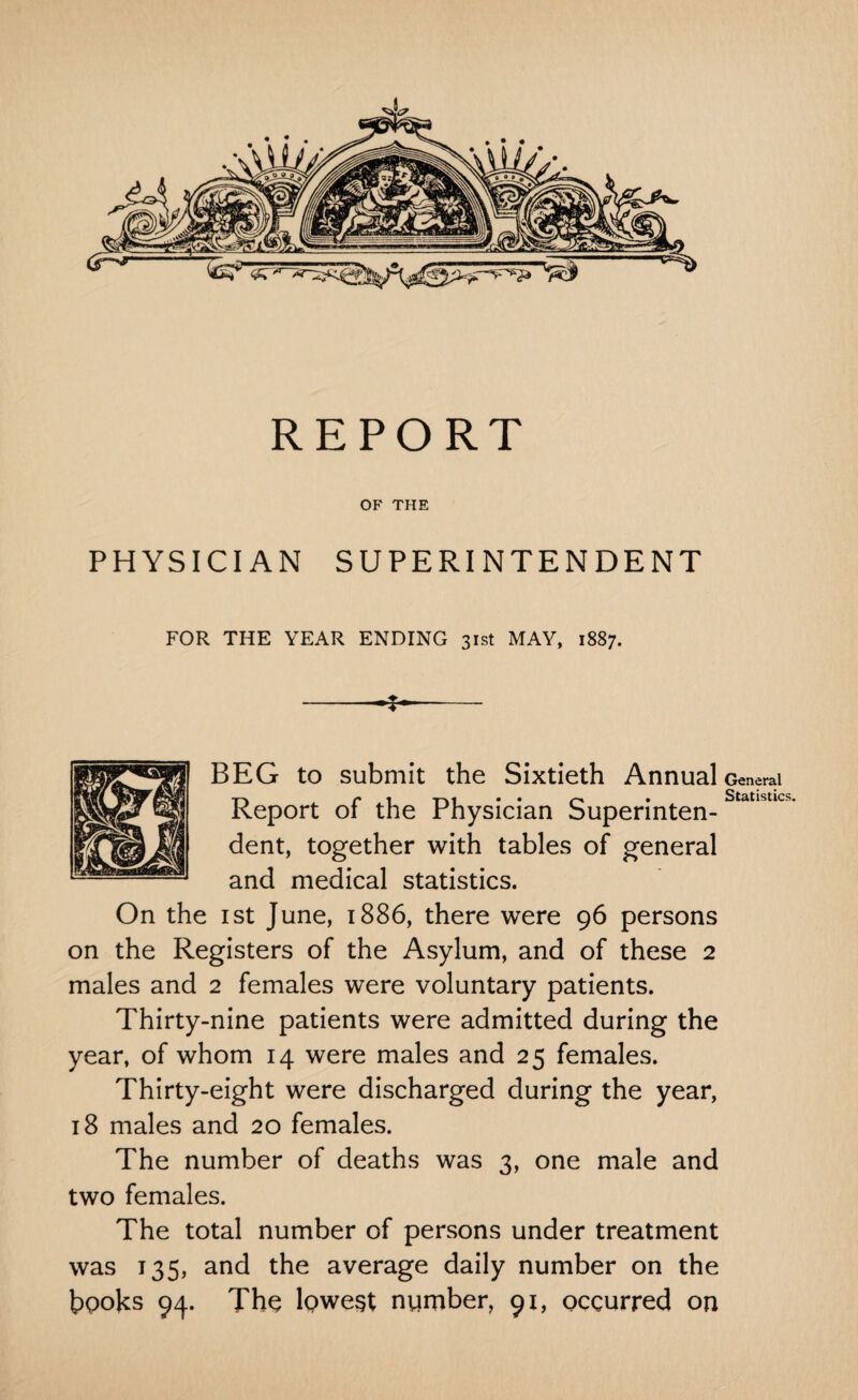 REPORT OF THE PHYSICIAN SUPERINTENDENT FOR THE YEAR ENDING 31st MAY, 1887. BEG to submit the Sixtieth Annual General Report of the Physician Superinten- Statlstlcs‘ dent, together with tables of general and medical statistics. On the 1 st June, 1886, there were 96 persons on the Registers of the Asylum, and of these 2 males and 2 females were voluntary patients. Thirty-nine patients were admitted during the year, of whom 14 were males and 25 females. Thirty-eight were discharged during the year, 18 males and 20 females. The number of deaths was 3, one male and two females. The total number of persons under treatment was 135, and the average daily number on the books 94. The lowest number, 91, occurred on