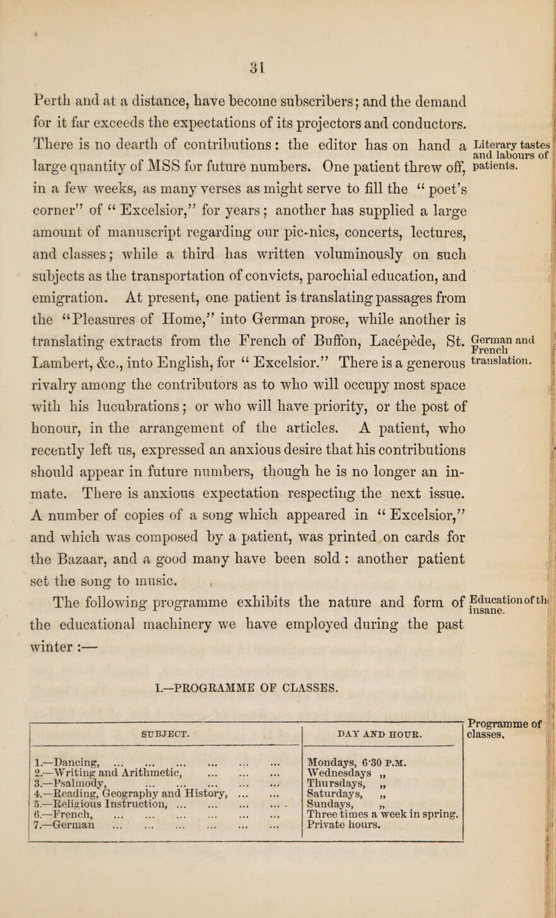 Perth and at a distance, have become subscribers; and the demand for it far exceeds the expectations of its projectors and conductors. There is no dearth of contributions: the editor has on hand a Literary tastes and labours of large quantity of MSS for future numbers. One patient threw off, patients, in a few weeks, as many verses as might serve to fill the “ poet’s corner” of “ Excelsior,” for years; another has supplied a large amount of manuscript regarding our pic-nics, concerts, lectures, and classes; while a third has written voluminously on such subjects as the transportation of convicts, parochial education, and emigration. At present, one patient is translating passages from the “Pleasures of Home,” into German prose, while another is translating extracts from the French of Buffon, Lacepede, St. german and Lambert, &c., into English, for u Excelsior.” There is a generous translation, rivalry among the contributors as to who will occupy most space with his lucubrations; or who will have priority, or the post of honour, in the arrangement of the articles. A patient, who recently left us, expressed an anxious desire that his contributions should appear in future numbers, though he is no longer an in¬ mate. There is anxious expectation respecting the next issue. A number of copies of a song which appeared in “ Excelsior,” and which was composed by a patient, was printed on cards for the Bazaar, and a good many have been sold : another patient set the song to music. , The following programme exhibits the nature and form of Education of thi 01 D insane. the educational machinery we have employed during the past winter :— I.—PROGRAMME OF CLASSES. SUBJECT. DAY AND HOUB. 1. —Dancing, . 2. —Writing and Arithmetic, . 3. —Psalmody, . 4. —Reading, Geography and History, . 5. —Religious Instruction. 6. —French, . 7. —German . Mondays, 6-30 P.M. Wednesdays „ Thursdays, „ Saturdays, „ Sundays, „ Three times a week in spring. Private hours. Programme of classes. Hi