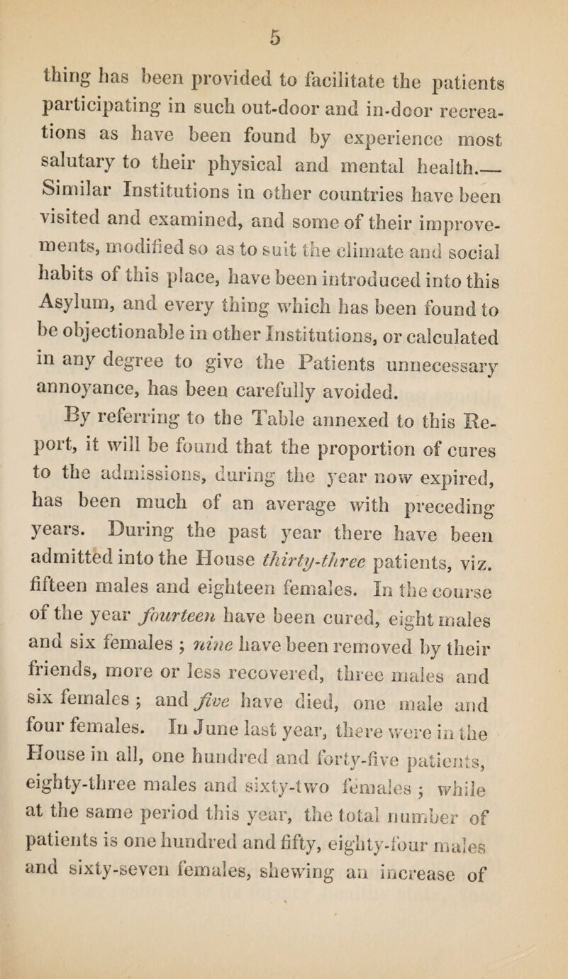 thing has been provided to facilitate the patients participating in such out-door and in-door recrea¬ tions as have been found by experience most salutary to their physical and mental health_ Similar Institutions in other countries have been visited and examined, and some of their improve¬ ments, modified so as to suit the climate and social habits of this place, have been introduced into this Asylum, and every thing which has been found to be objectionable in other Institutions, or calculated in any degree to give the Patients unnecessary annoyance, has been carefully avoided. By referring to the Table annexed to this Re¬ port, it will be found that the proportion of cures to the admissions, during the year now expired, has been much of an average with preceding years. During the past year there have been admitted into the House thirty-three patients, viz. fifteen males and eighteen females. In the course of the year fourteen have been cured, eight males and six females ; nine have been removed by their friends, more or less recovered, three males and six females ; and five have died, one male and four females. In June last year, there were in the House in ail, one hundred and forty-five patients, eighty-three males and sixty-two females ; while at the same period this year, the total number of patients is one hundred and fifty, eighty-four males and sixty-seven females, shewing an increase of